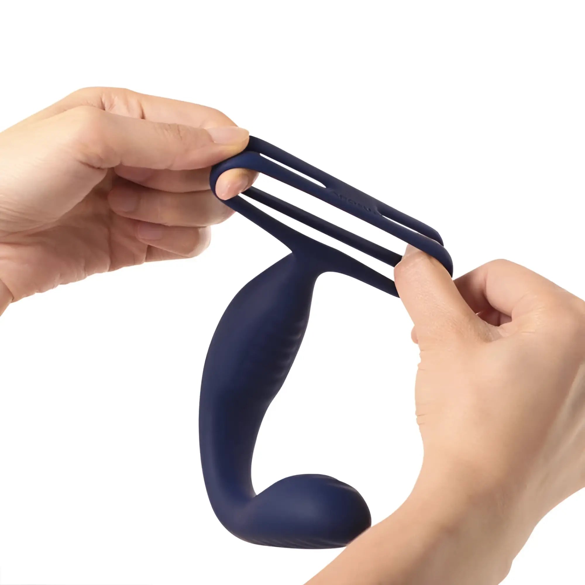 Dark blue silicone arosum vibraduo vibrating anal probe with curved handle and three flexible cockring rings