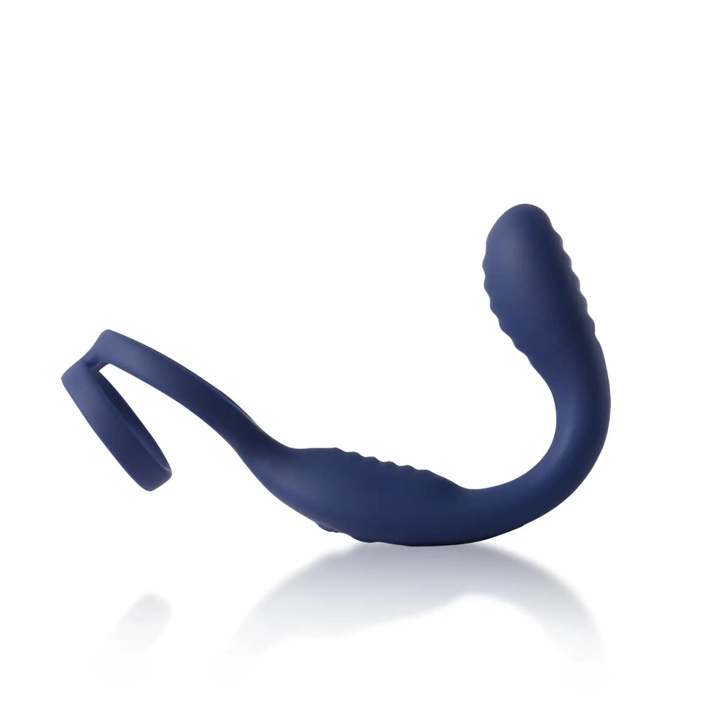 Navy blue silicone vibrating anal probe with textured grip and ring attachment for perineum stimulation from arosum vibraduo