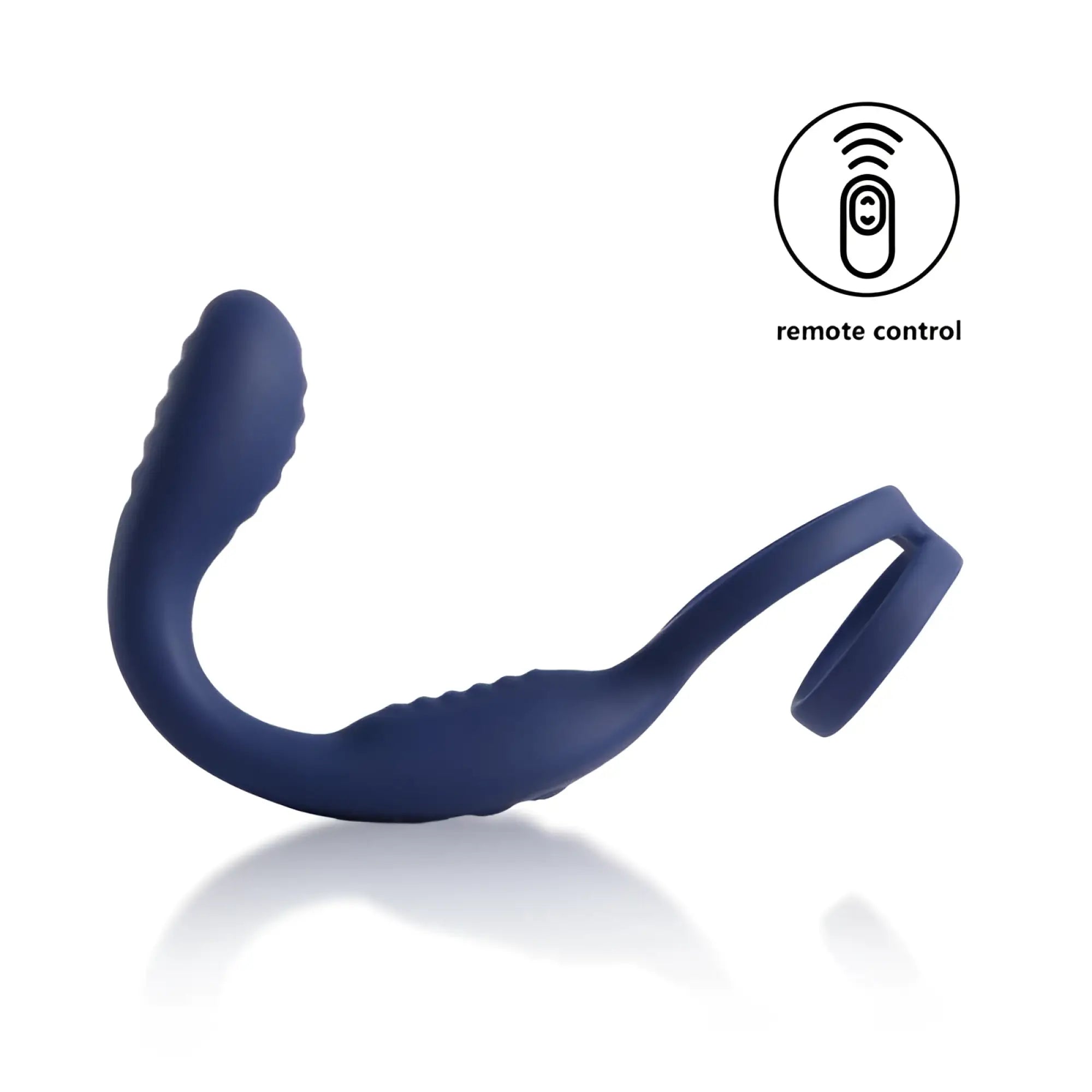 Navy blue silicone arosum vibraduo vibrating anal probe and perineum stim with textured grip and curved design
