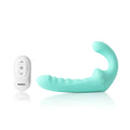 Mint green silicone arosum vibratwin rechargeable strapless strap on vibrator with curved handle and white remote control unit