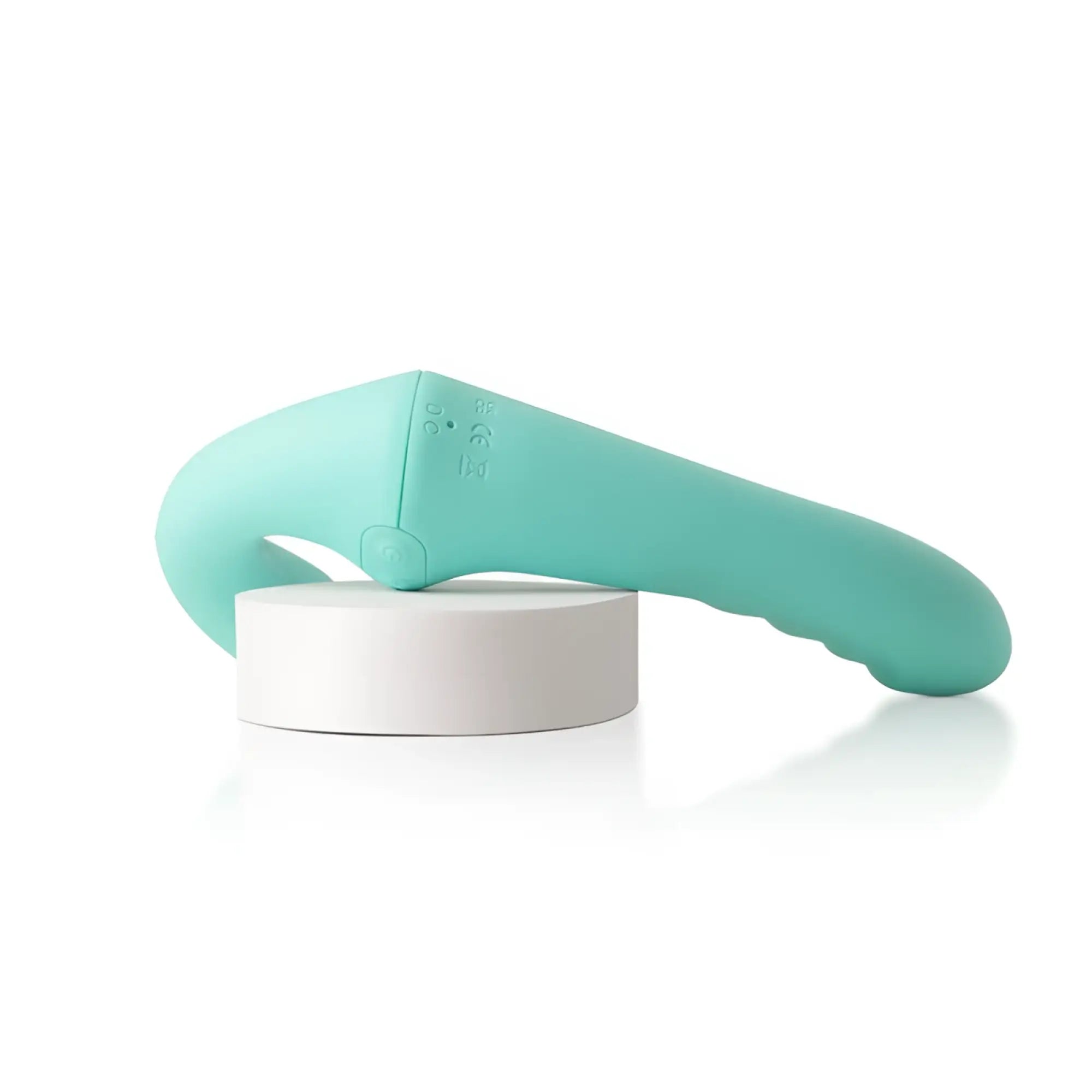 Arosum vibratwin rechargeable strapless strap on in sleek mint green silicone with curved ergonomic design and textured grip