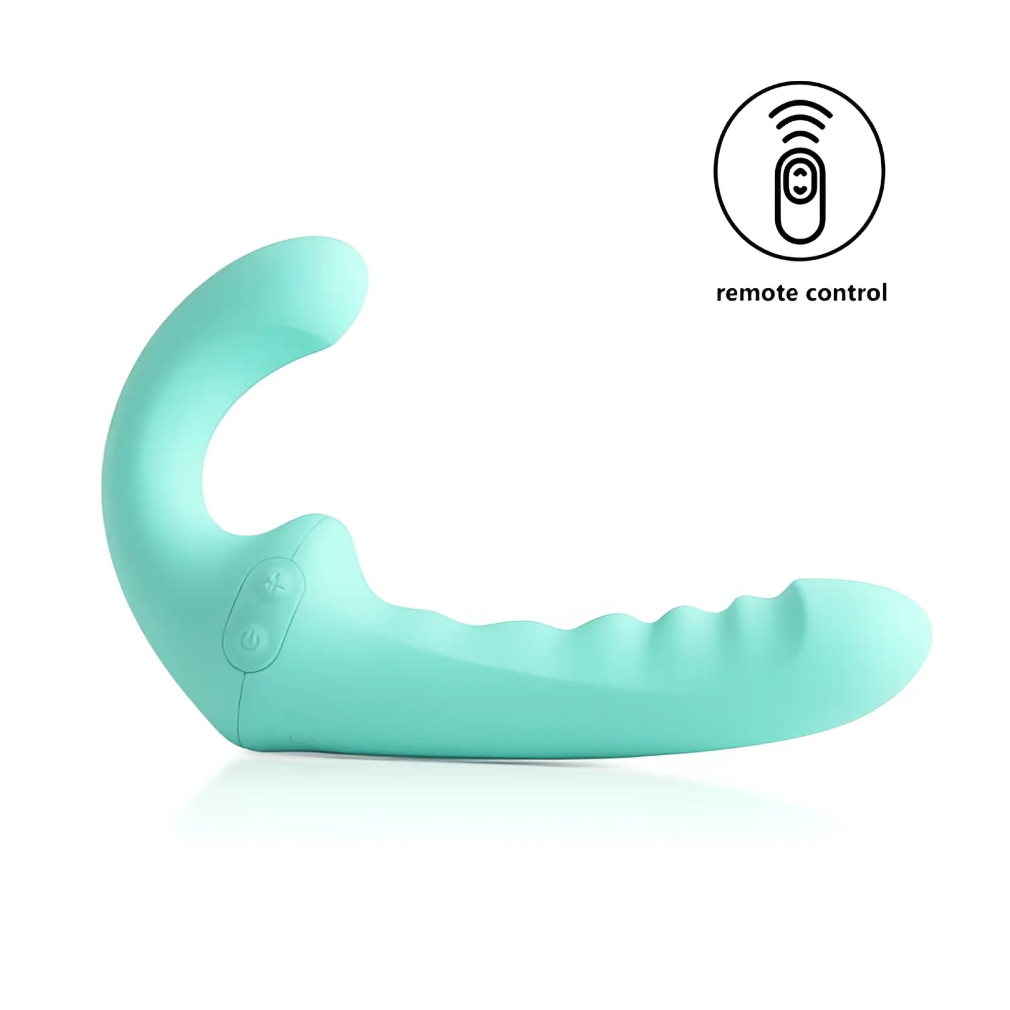 Teal silicone arosum vibratwin rechargeable come hither strapless strap on with remote featuring curved handle and ridges