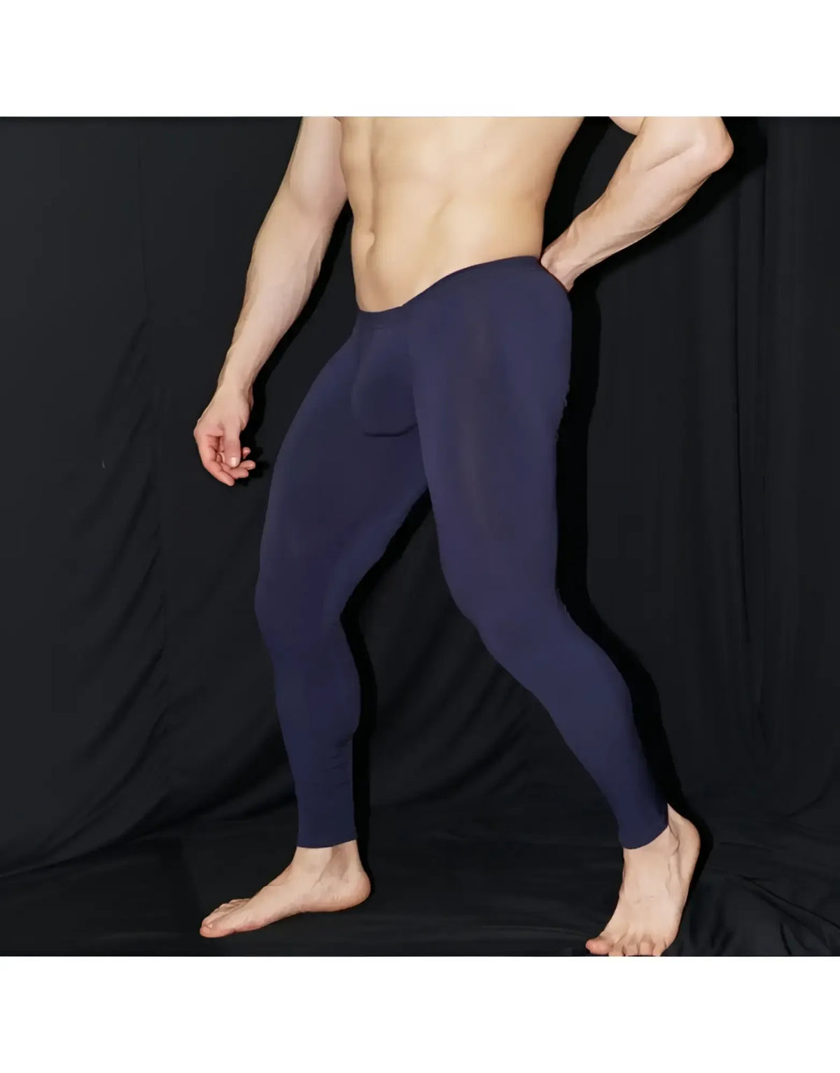Navy blue form-fitting Arroyman bulge runner tights rnR006s menâ€™s sculpted performance leggings shown from the back