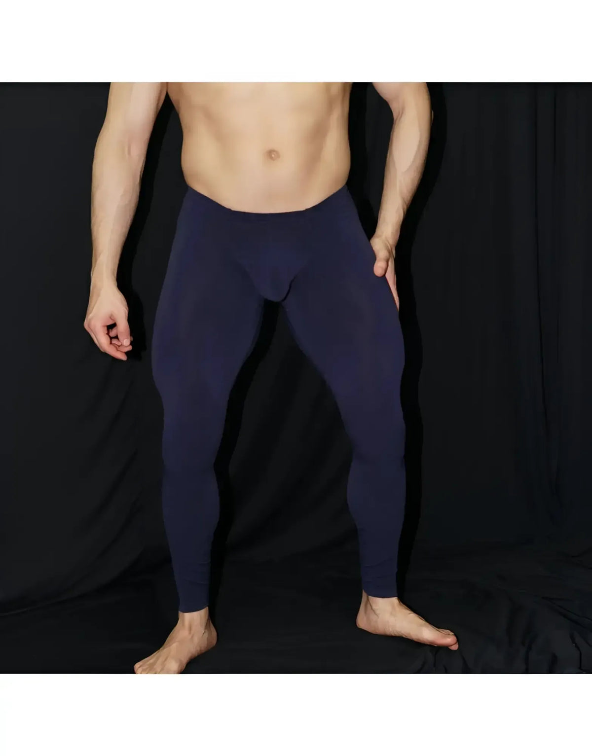 Menâ€™s sculpted navy navy blue form-fitting performance leggings arroyman bulge runner tights rnr006s back view