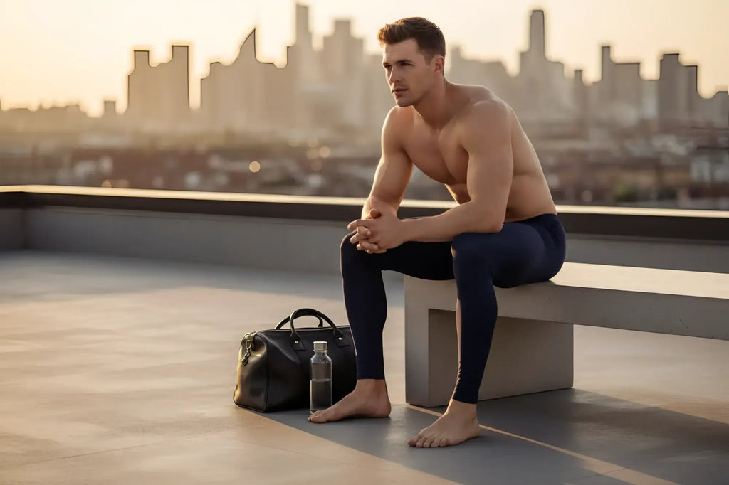 Black leather duffel bag with top handles featured with Arroyman runner tights in navy.