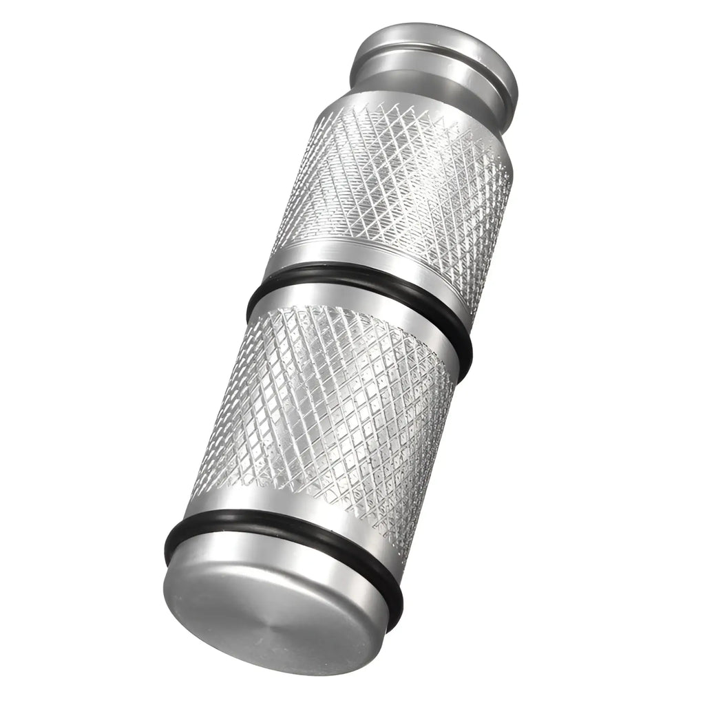 Silver metallic cylindrical assist n2o whipped cream gas cracker with diamond texture and black rubber gaskets for 8g charger