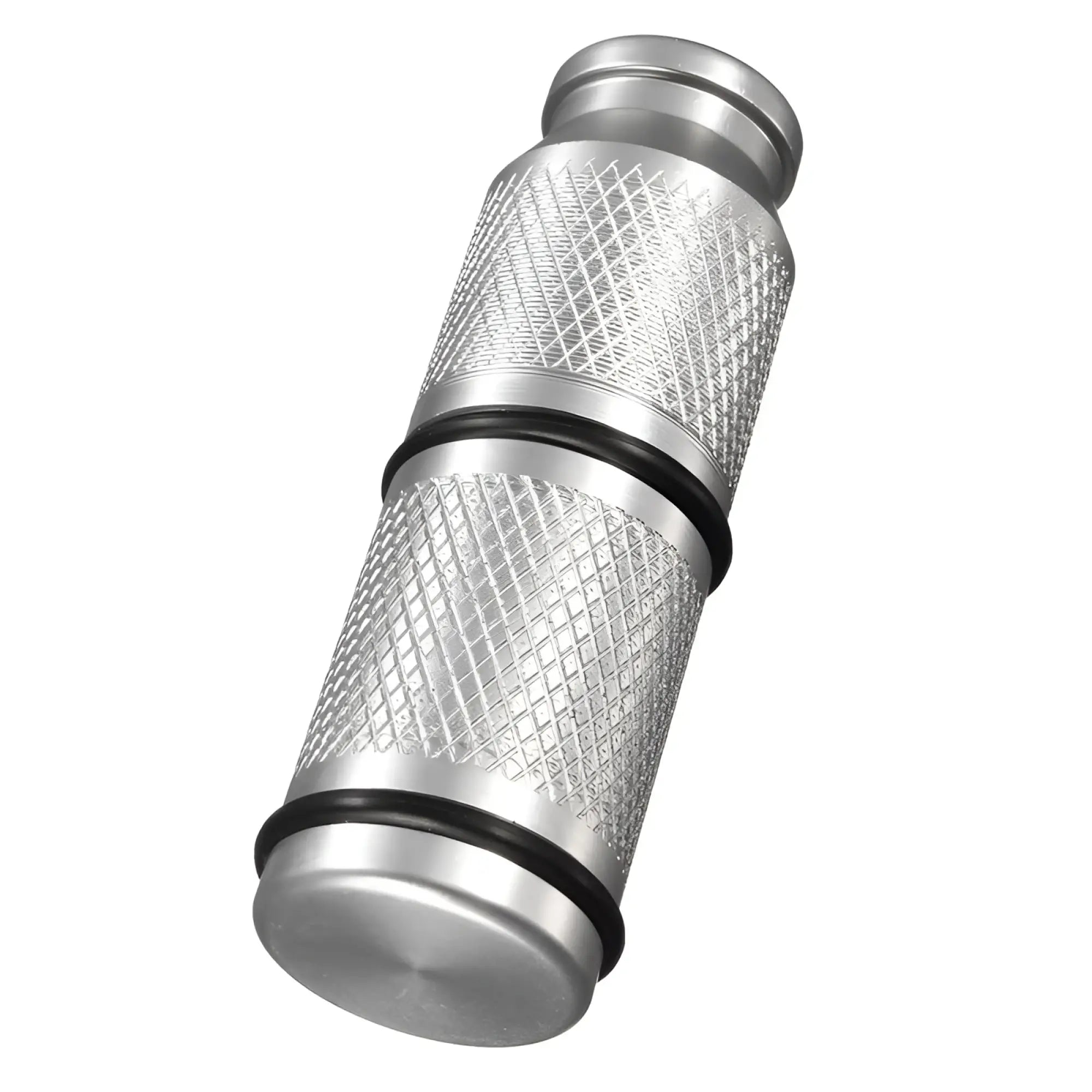 Silver metallic cylindrical assist n2o whipped cream gas cracker with diamond texture and black rubber gaskets for 8g charger