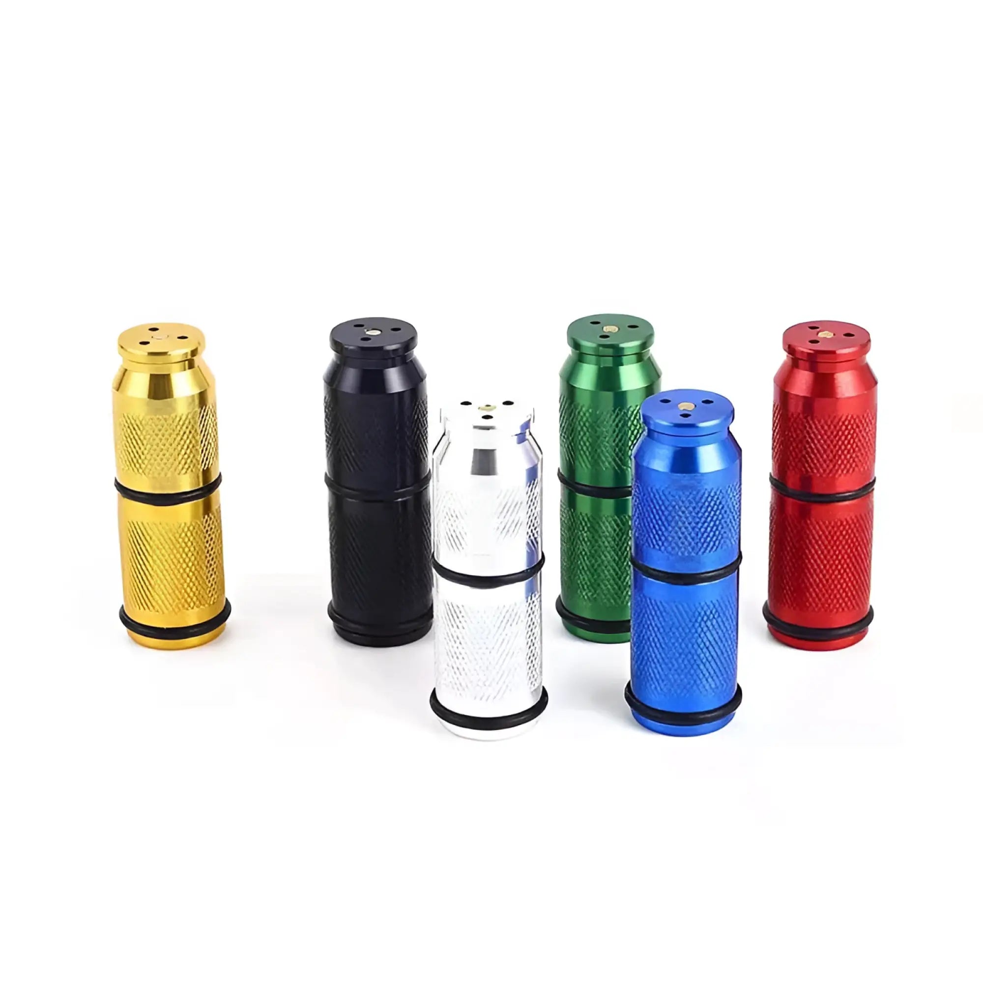A set of five metallic milk canisters in gold black silver green and blue with textured surfaces for assist n2o whipped cream gas cracker