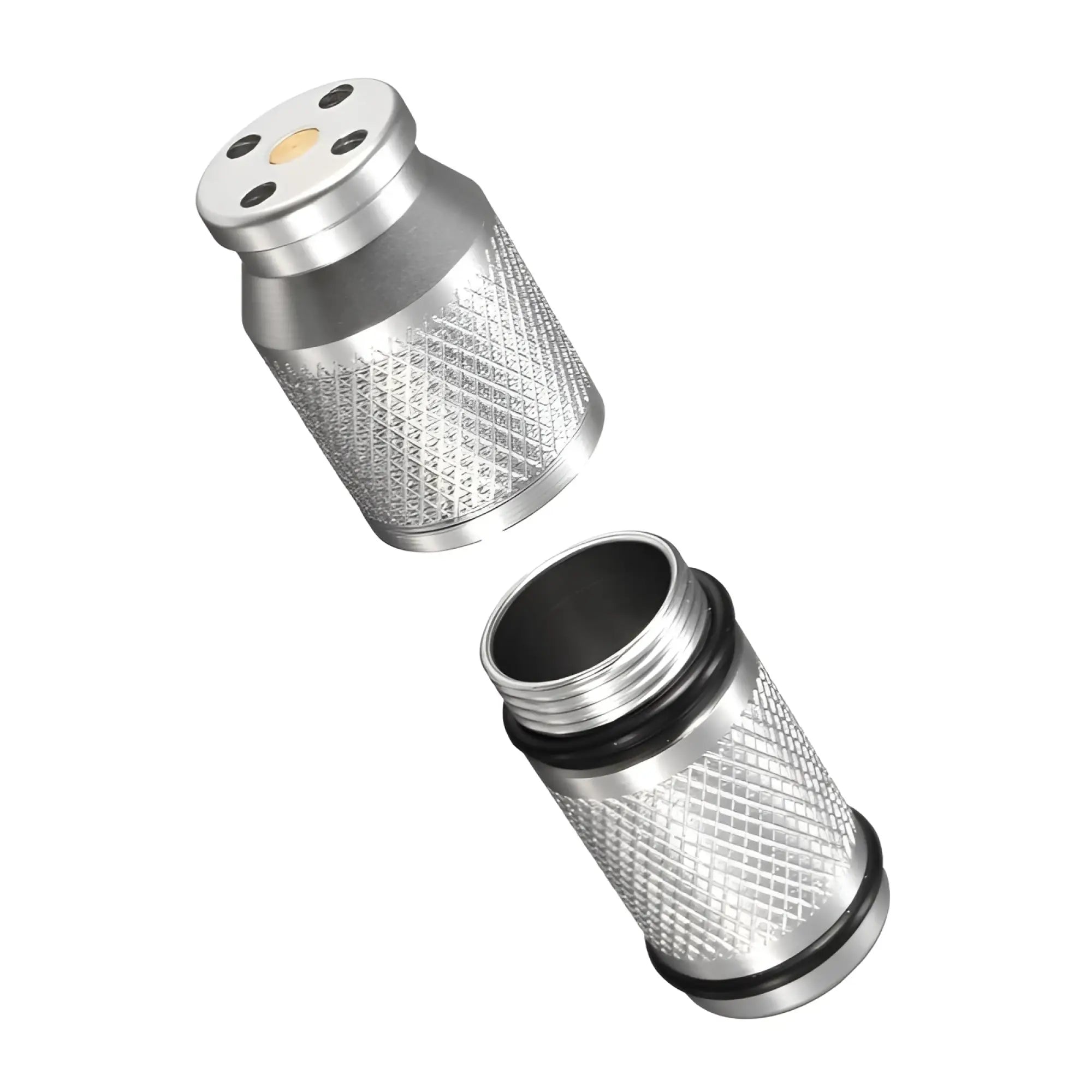 Silver metallic bicycle bottle cage with textured diamond pattern and black rubber gasket for assist n2o whipped cream gas cracker