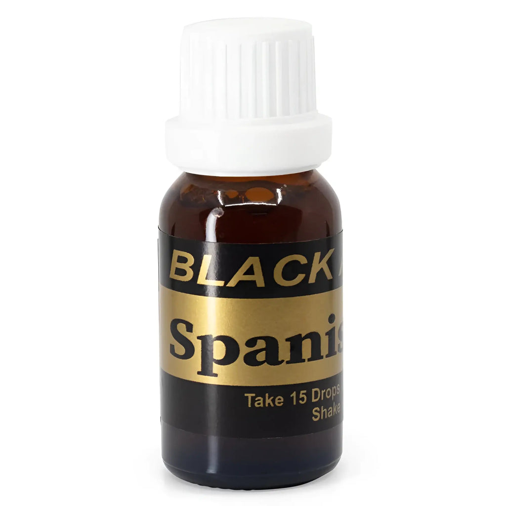 A small amber glass bottle with a white cap and black and gold label for Assist Original black arrow Spanish fly