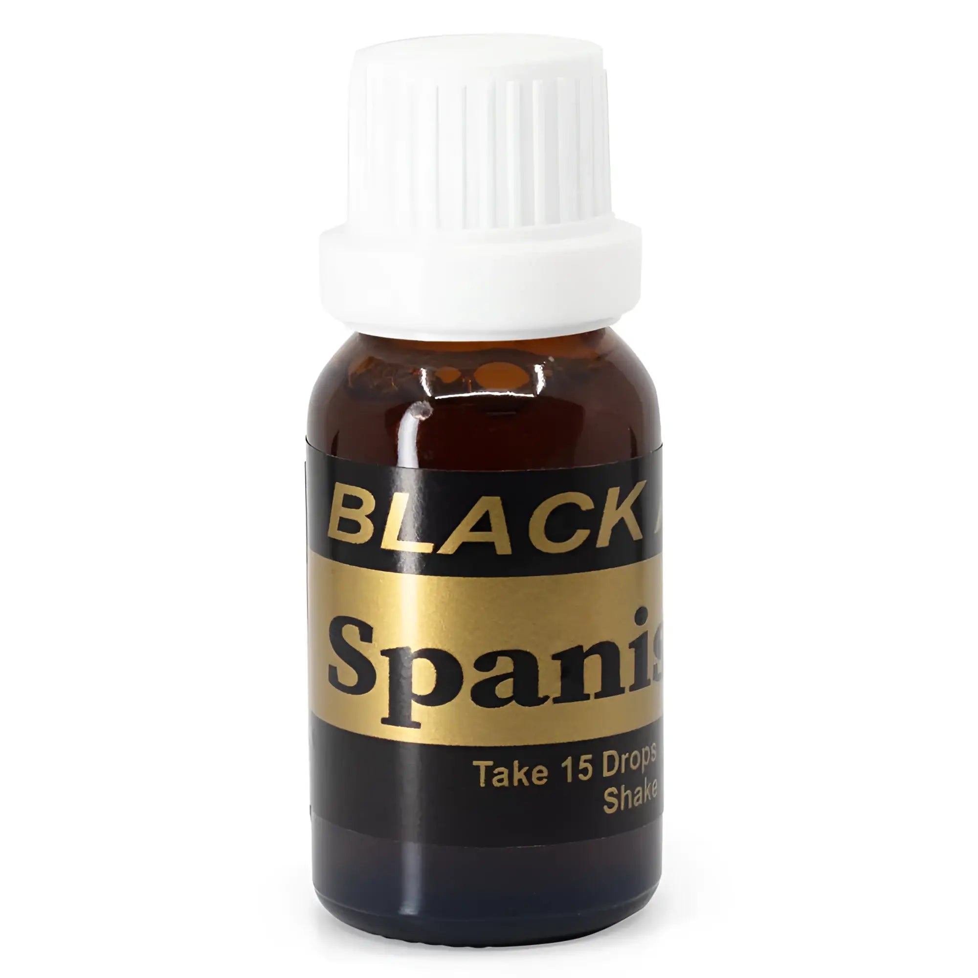 A small amber glass bottle with a white cap and black and gold label for Assist Original black arrow Spanish fly