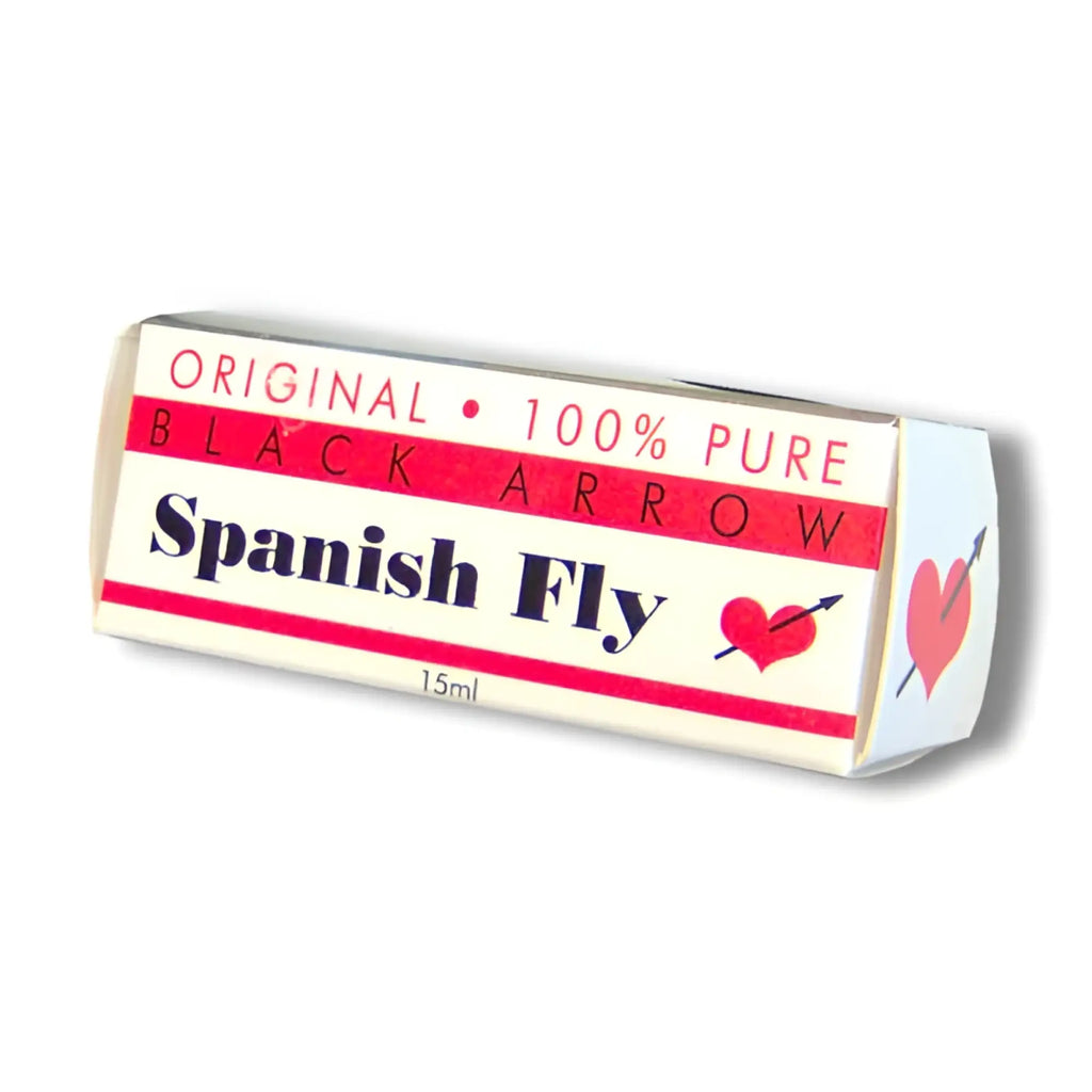 White rectangular box with red stripes and black text featuring black arrow spanish fly brand and heart and arrow logo