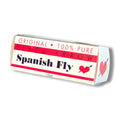 White rectangular box with red stripes and black text featuring black arrow spanish fly brand and heart and arrow logo
