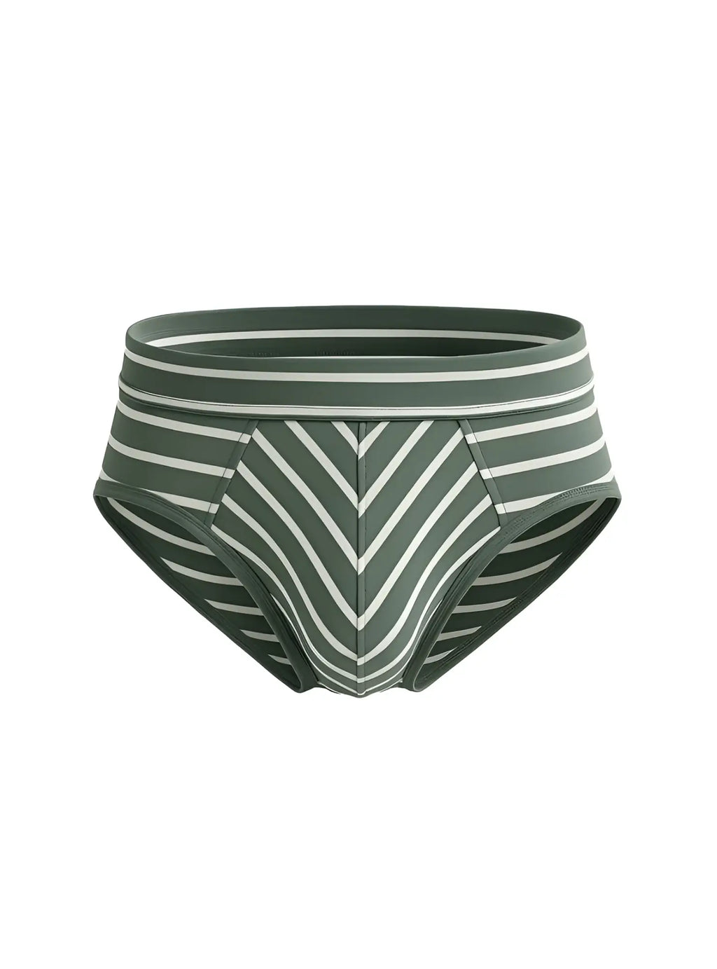 Assorted cotton brief 4 pieces pack featuring olive green and white striped menâ€™s briefs with chevron pattern front