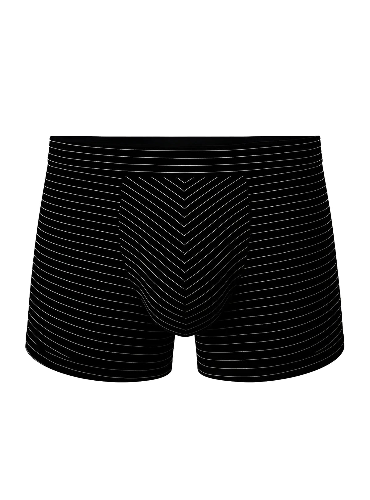 Black cotton boxer briefs with fine white vertical stripes and chevron front panel from assorted cotton trunk 4 pack