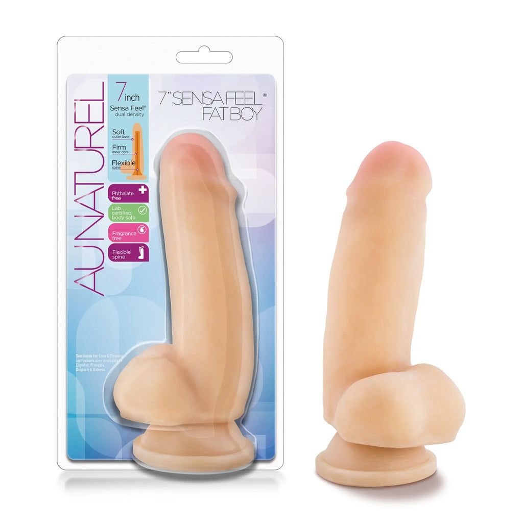 Au naturel 7in sensa feel fat boy beige is a nude-colored 7-inch silicone phallus toy with a rounded base and tapered head