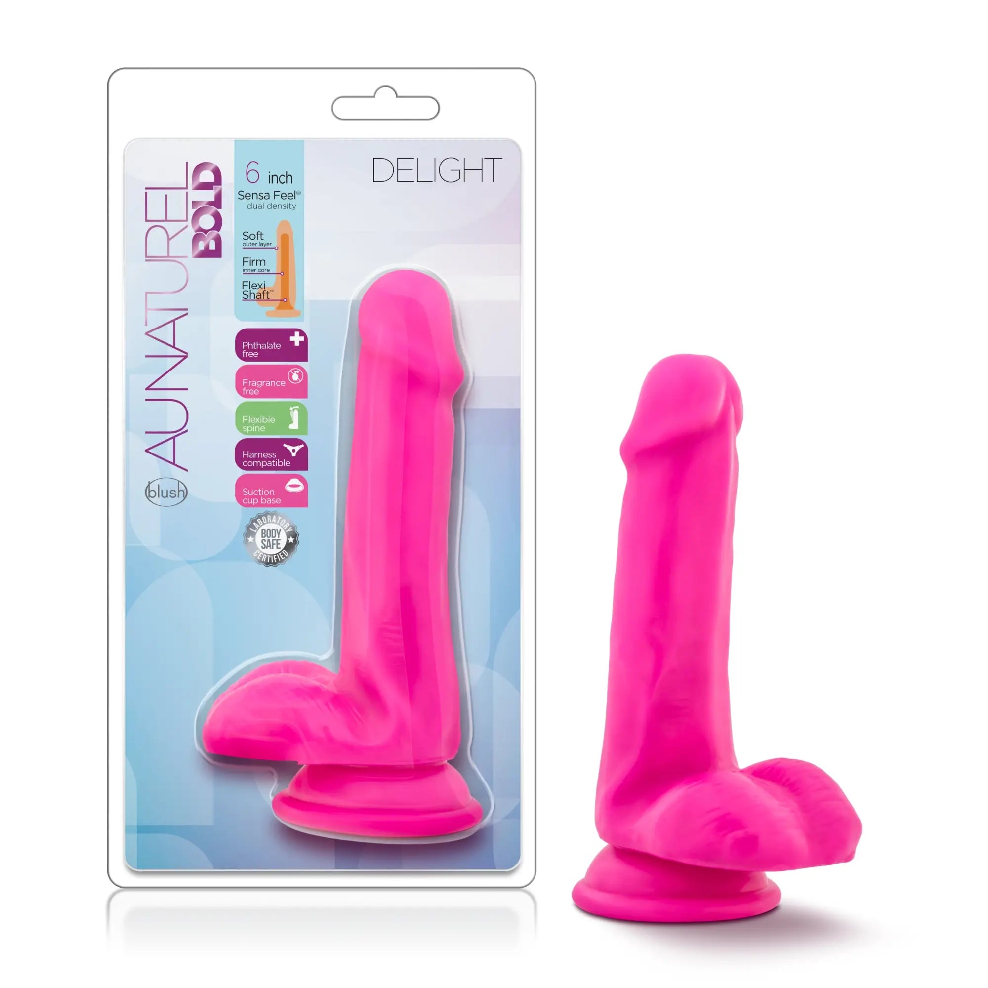 Au Naturel bold delight 6 inch bright pink phthalate free silicone dildo with suction cup base