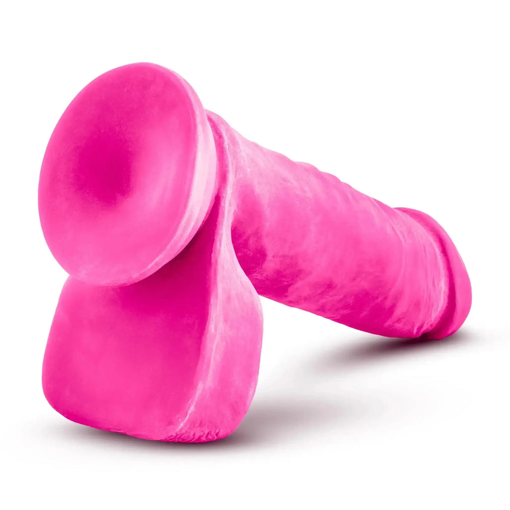 Vibrant pink silicone dildo with textured shaft and suction cup base au naturel bold hero 8in dildo pink