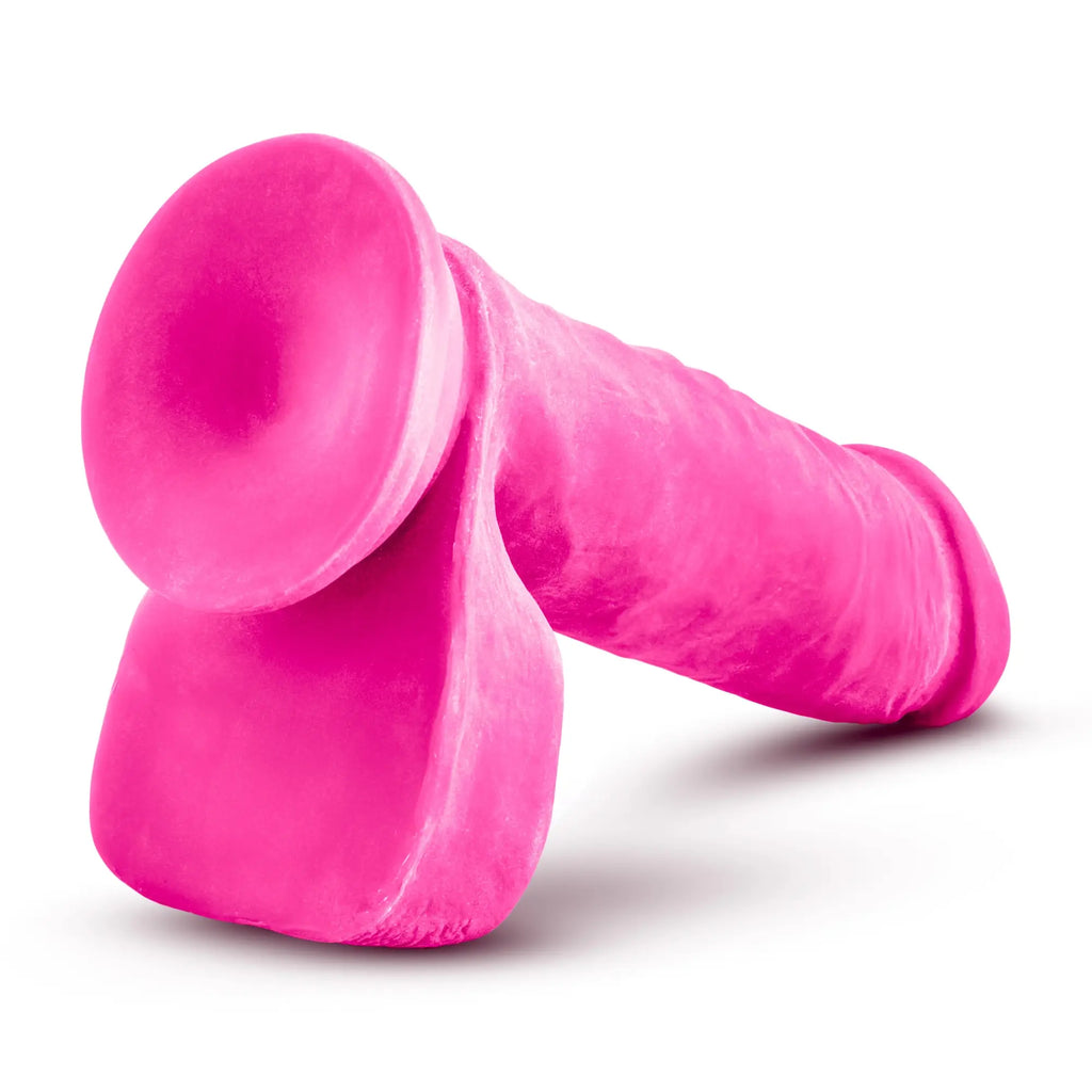 Vibrant pink silicone dildo with textured shaft and suction cup base au naturel bold hero 8in dildo pink