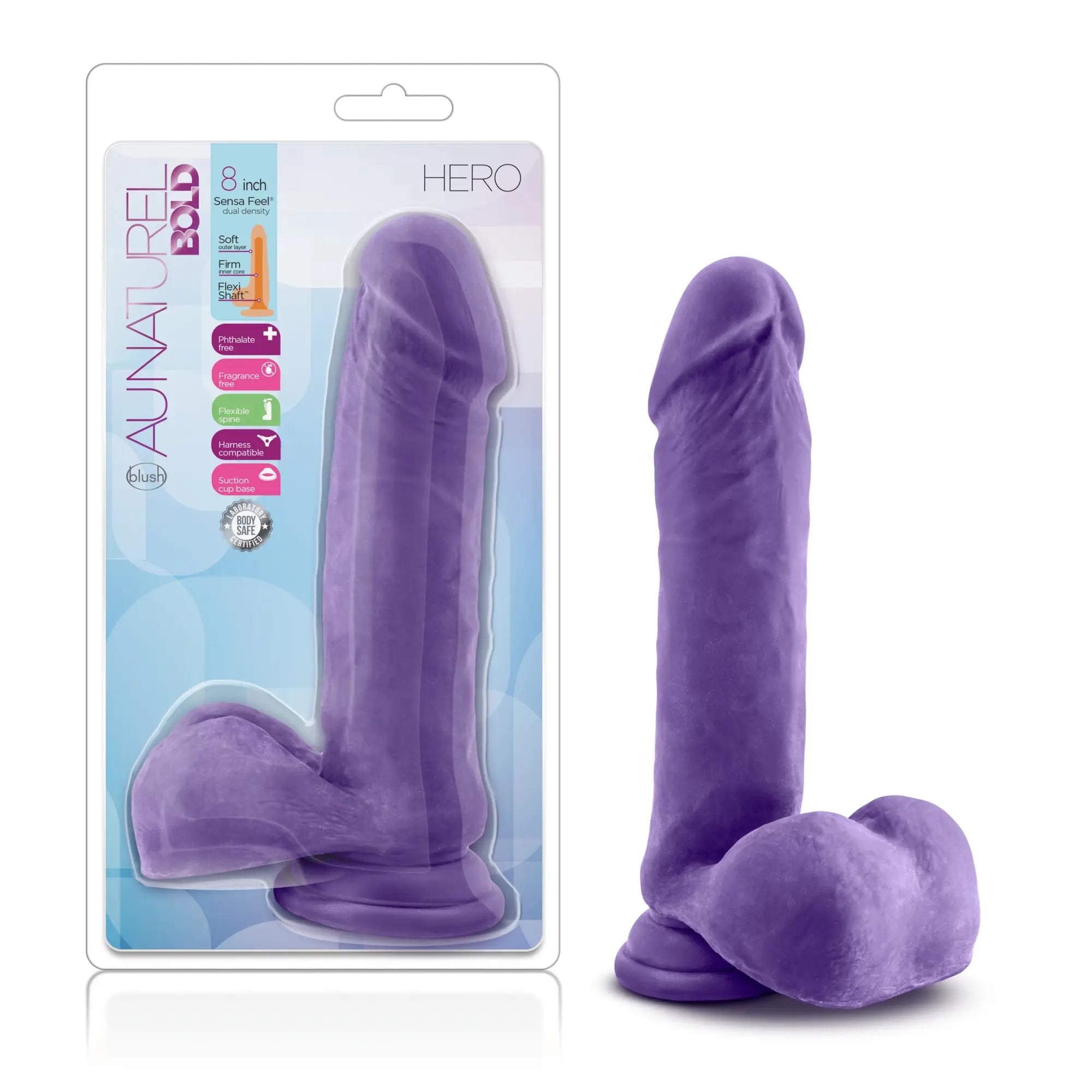 Purple au naturel bold hero 8-inch silicone dildo with textured flexible surface and rounded base
