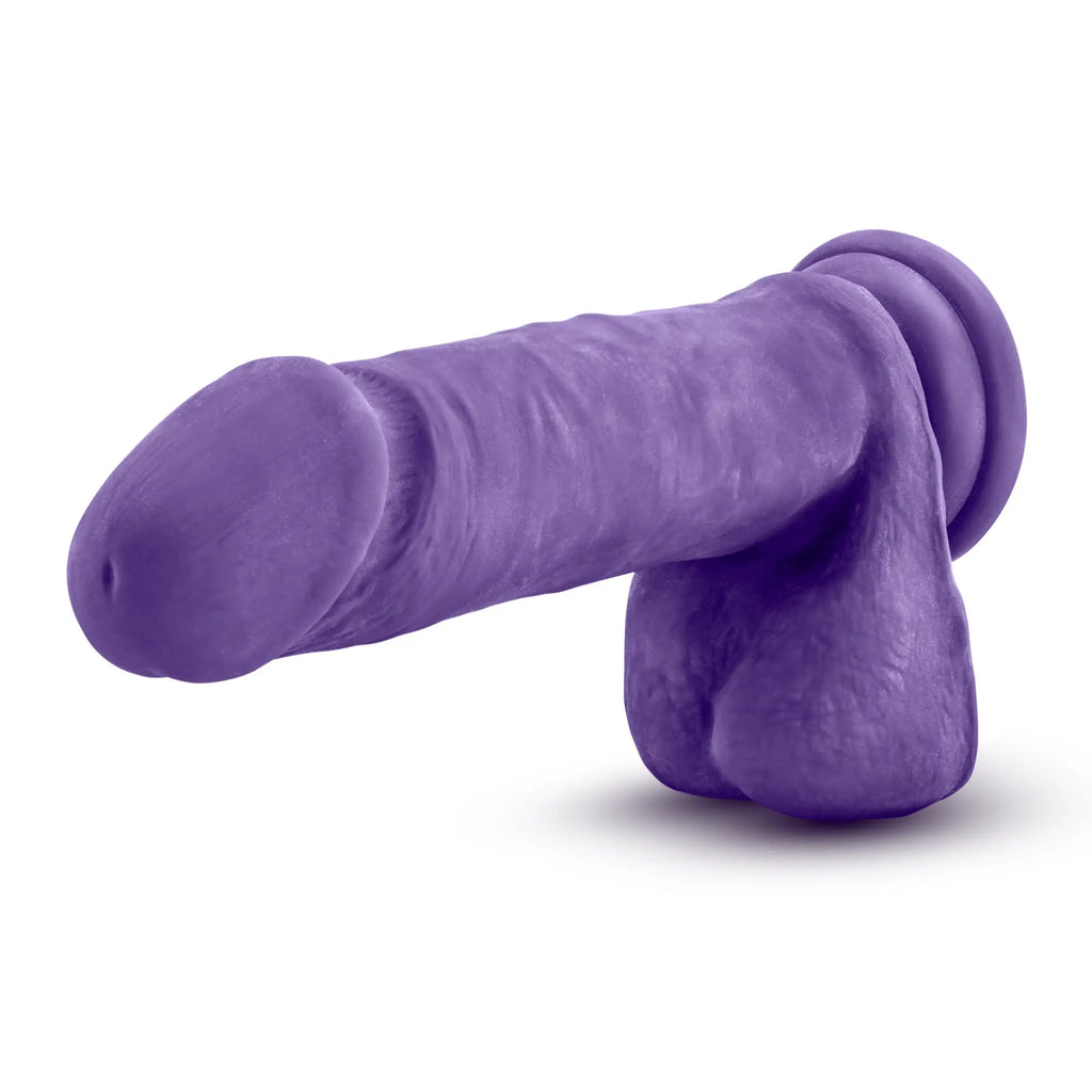 Au Naturel bold hero 8in dildo in purple silicone with textured surface and rounded base shown from the back side