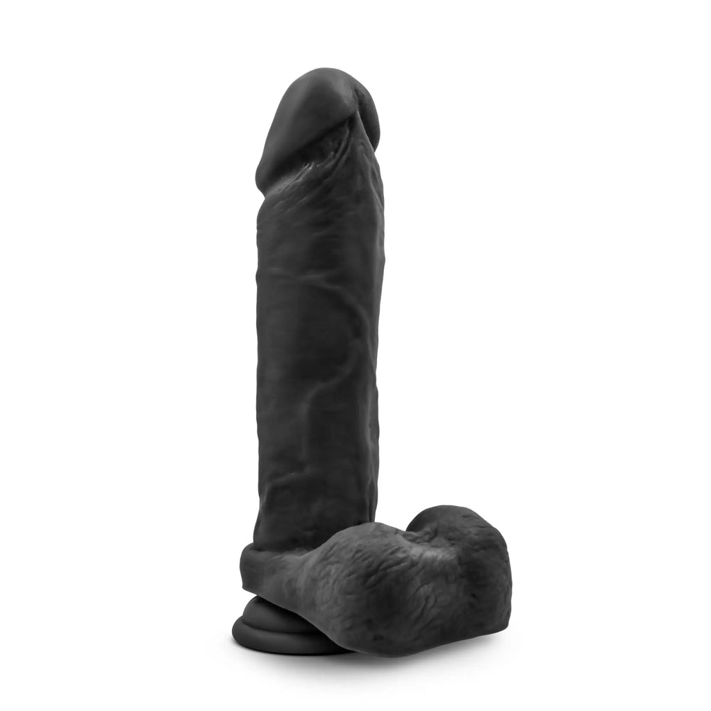 Black silicone dildo with realistic textured surface and rounded base from au naturel bold massive 9in dildo black