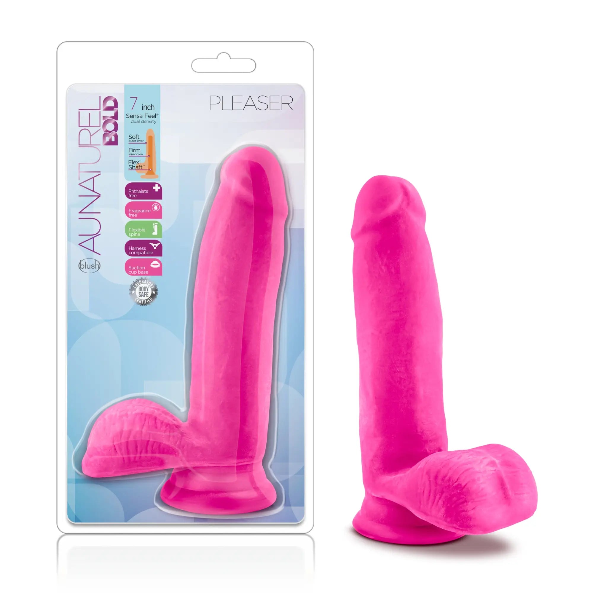Au Naturel bold pleaser 7 inch pink dildo with a textured surface and rounded base for enhanced stimulation