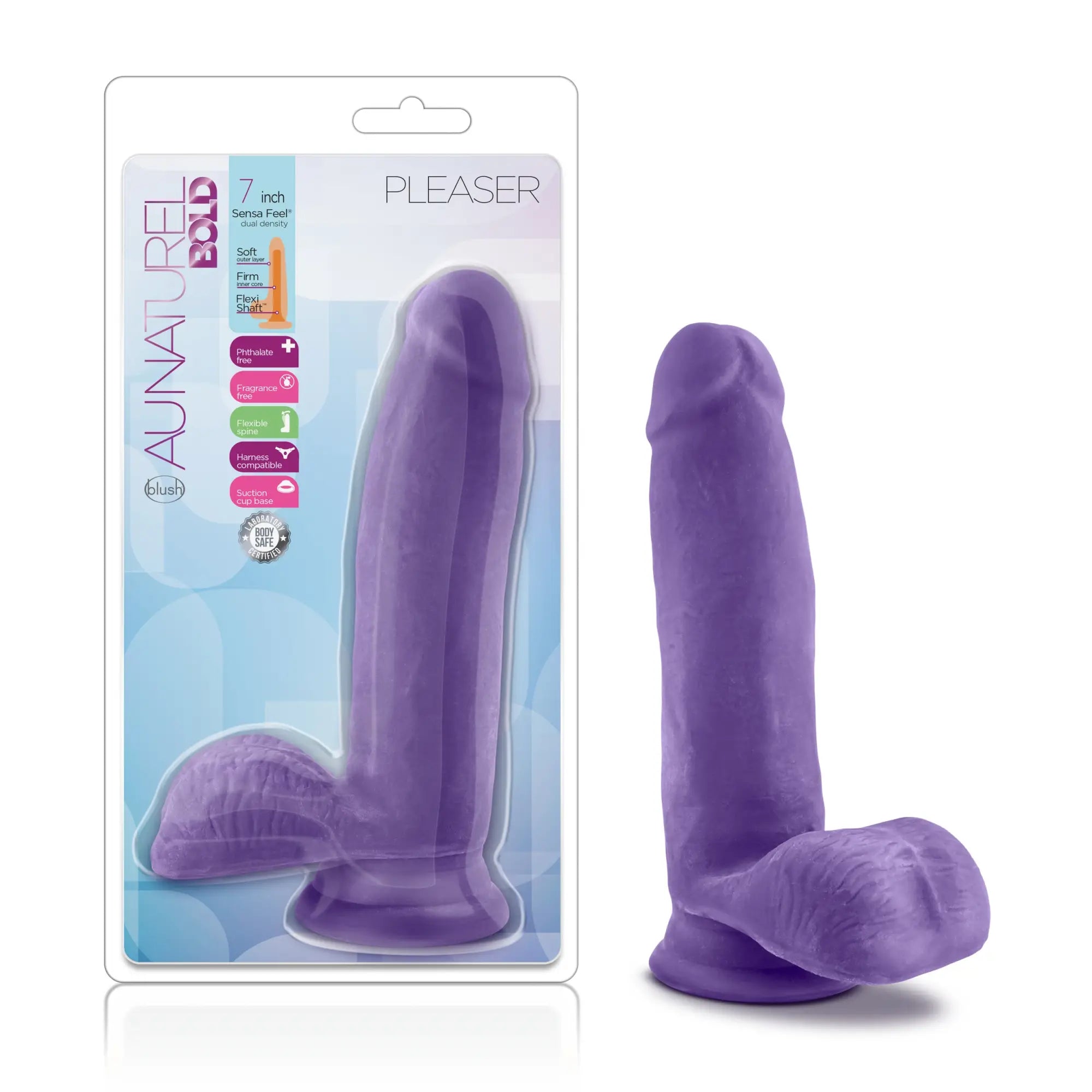 Purple au nature bold 7-inch pleaser dildo with textured ergonomic design made of soft silicone material