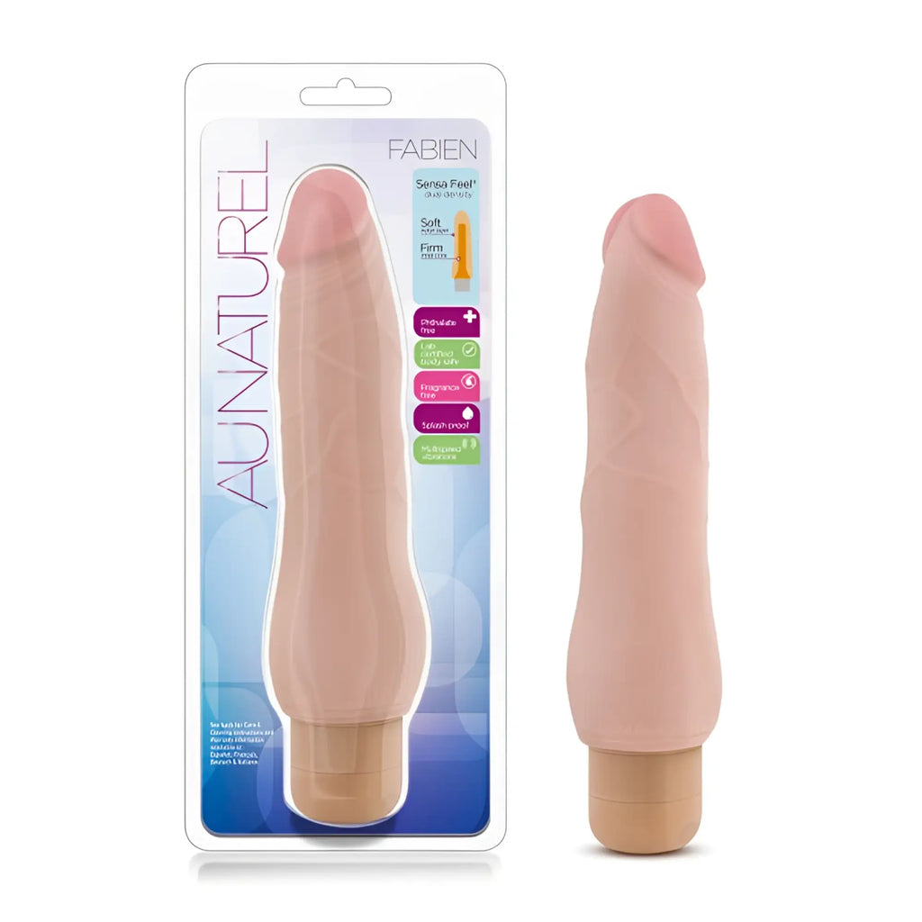 A nude-colored silicone-covered aunaturel fabien sensa feel adult toy with a textured surface and rounded base