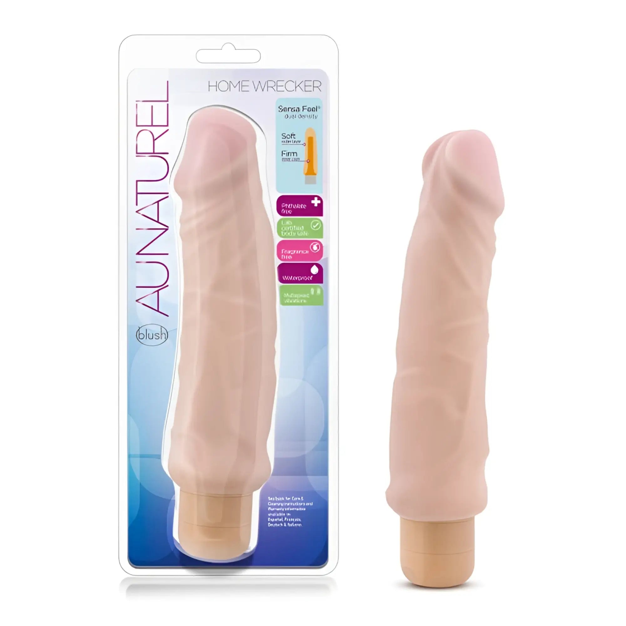 Au Naturel home wrecker blush-colored silicone sex toy with textured surface and rounded tip for pleasure use