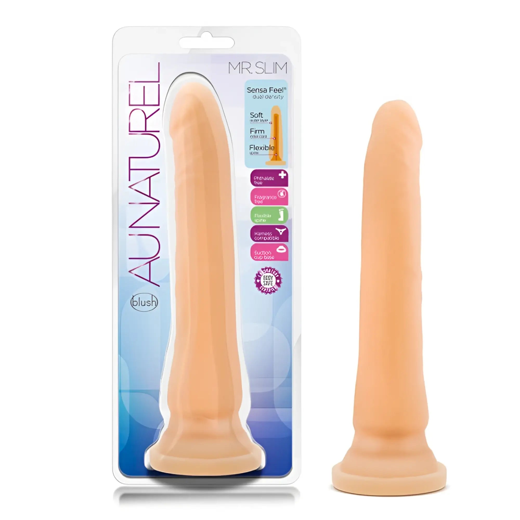Peach-colored flexible silicone dildo with dual-density texture and flared base from aunaturel by mr slim
