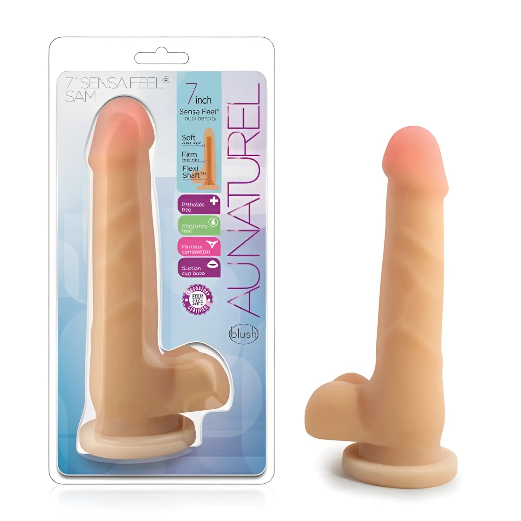 Beige 7-inch silicone phallus-shaped sex toy with textured surface and suction cup base by aunaturel sensa feel