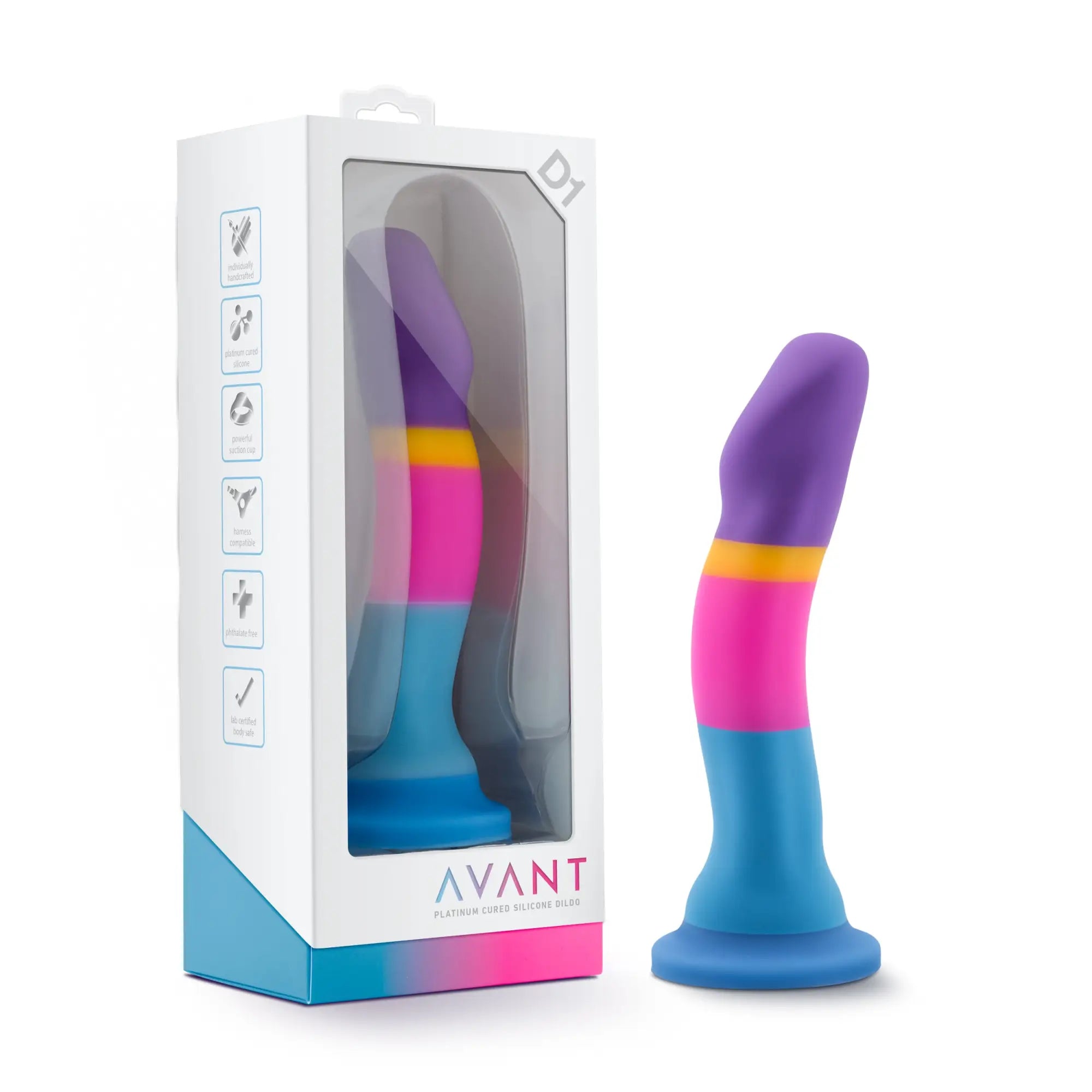 Avant Avant D1 Hot n Cool silicone dildo in vibrant segmented purple pink yellow and blue rainbow colors