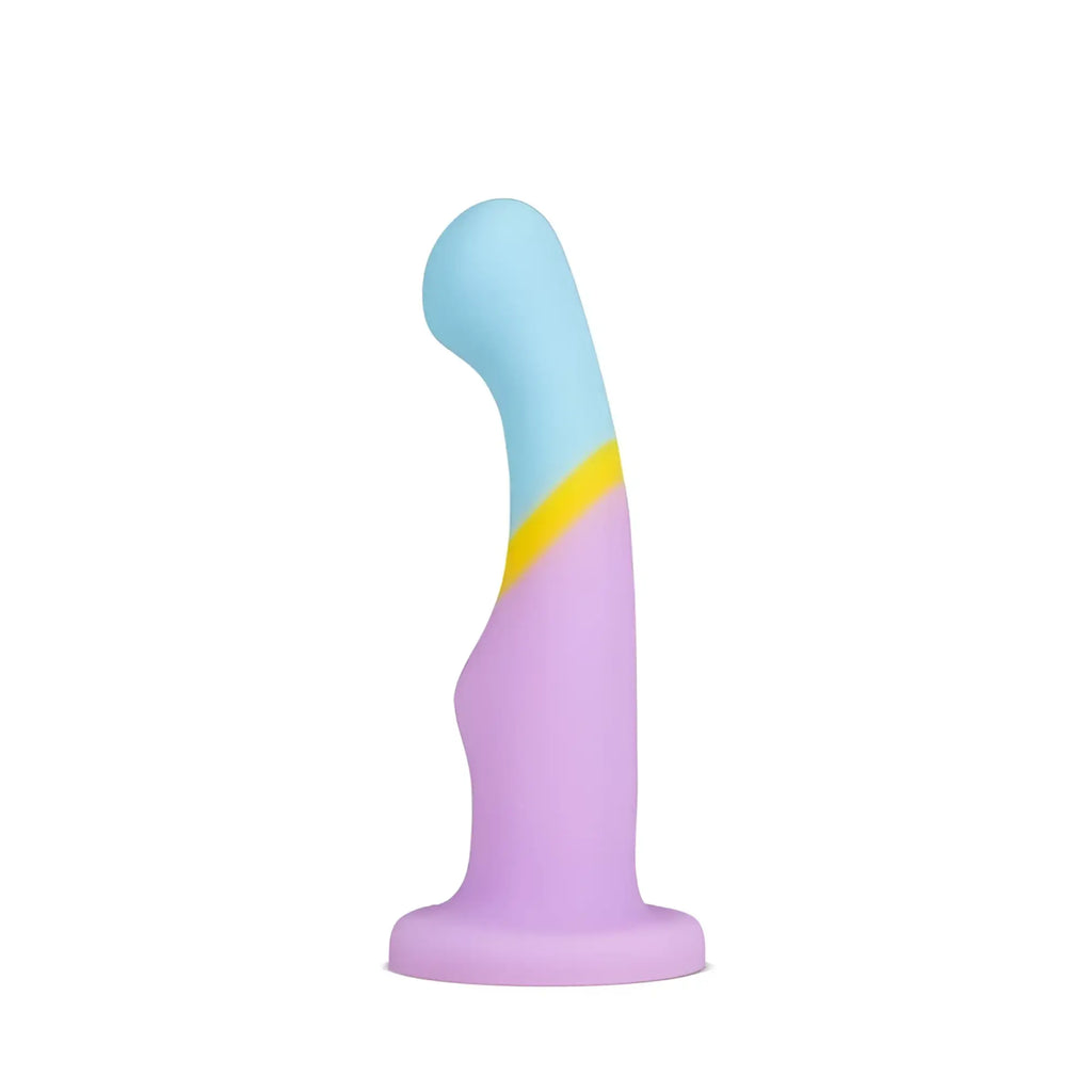 Pastel blue yellow and lavender avant avant d14 heart of gold silicone dildo with curved design and smooth texture