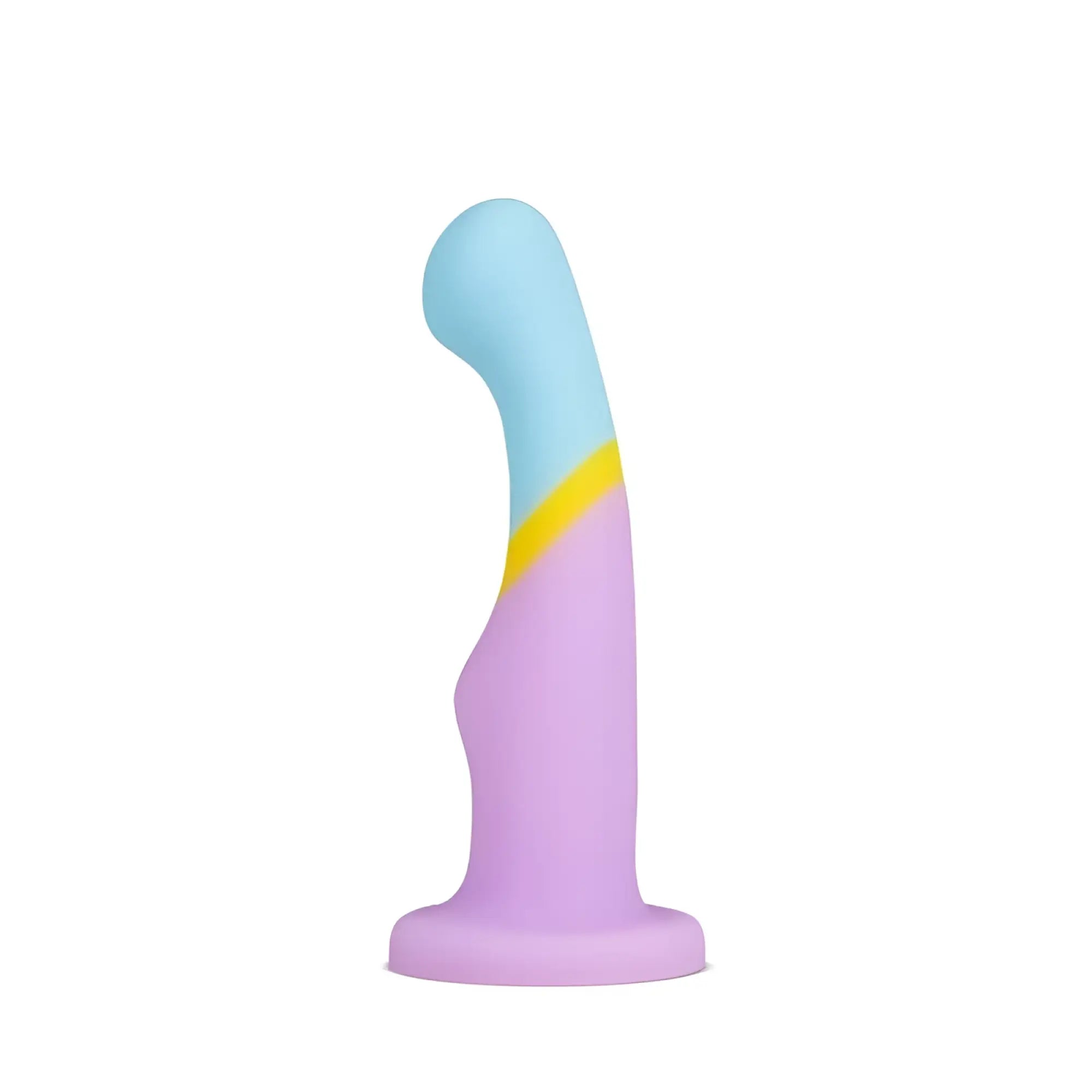 Pastel blue yellow and lavender avant avant d14 heart of gold silicone dildo with curved design and smooth texture