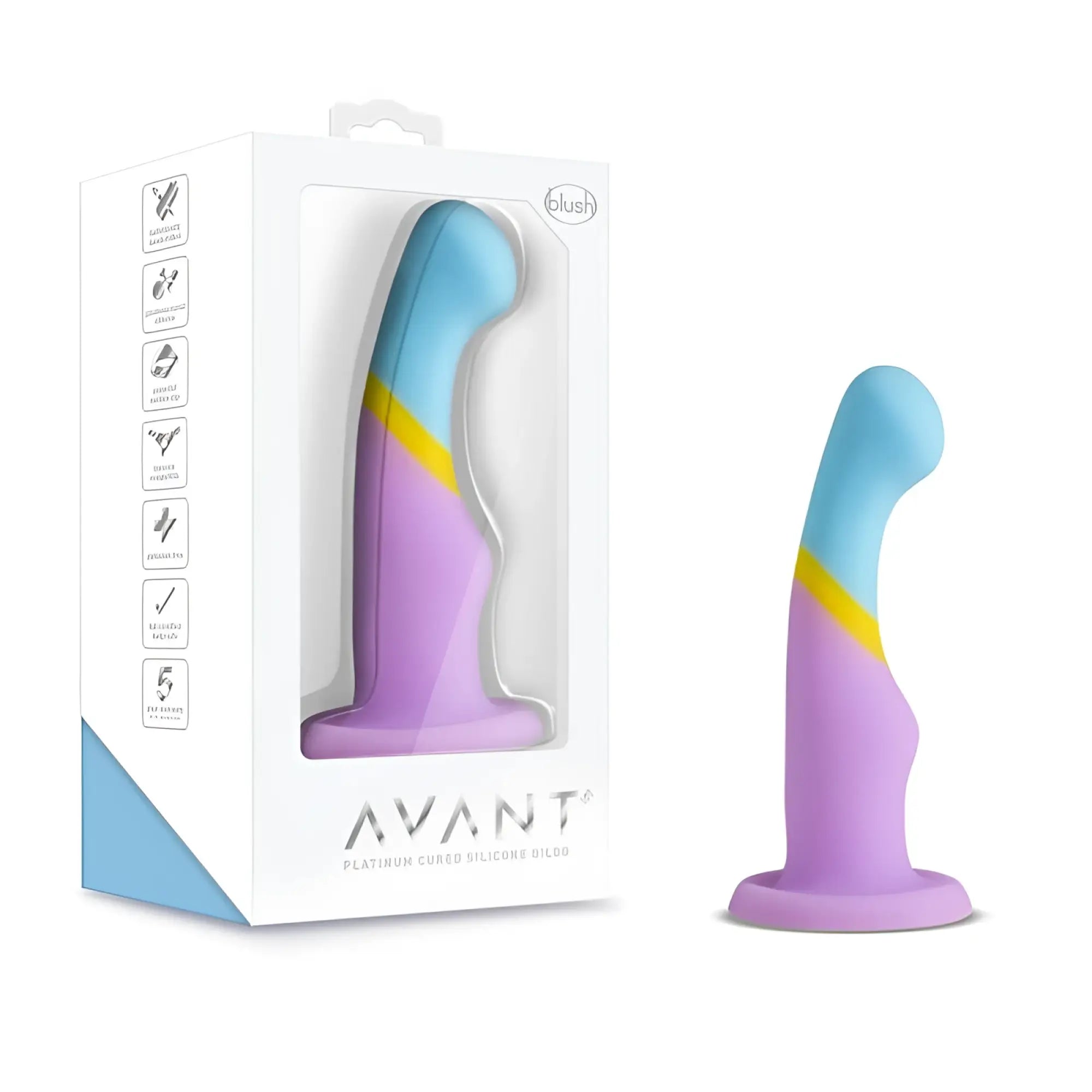 Avant Avant D14 Heart of Gold silicone dildo in pastel curved design with a blue to purple gradient and yellow stripe