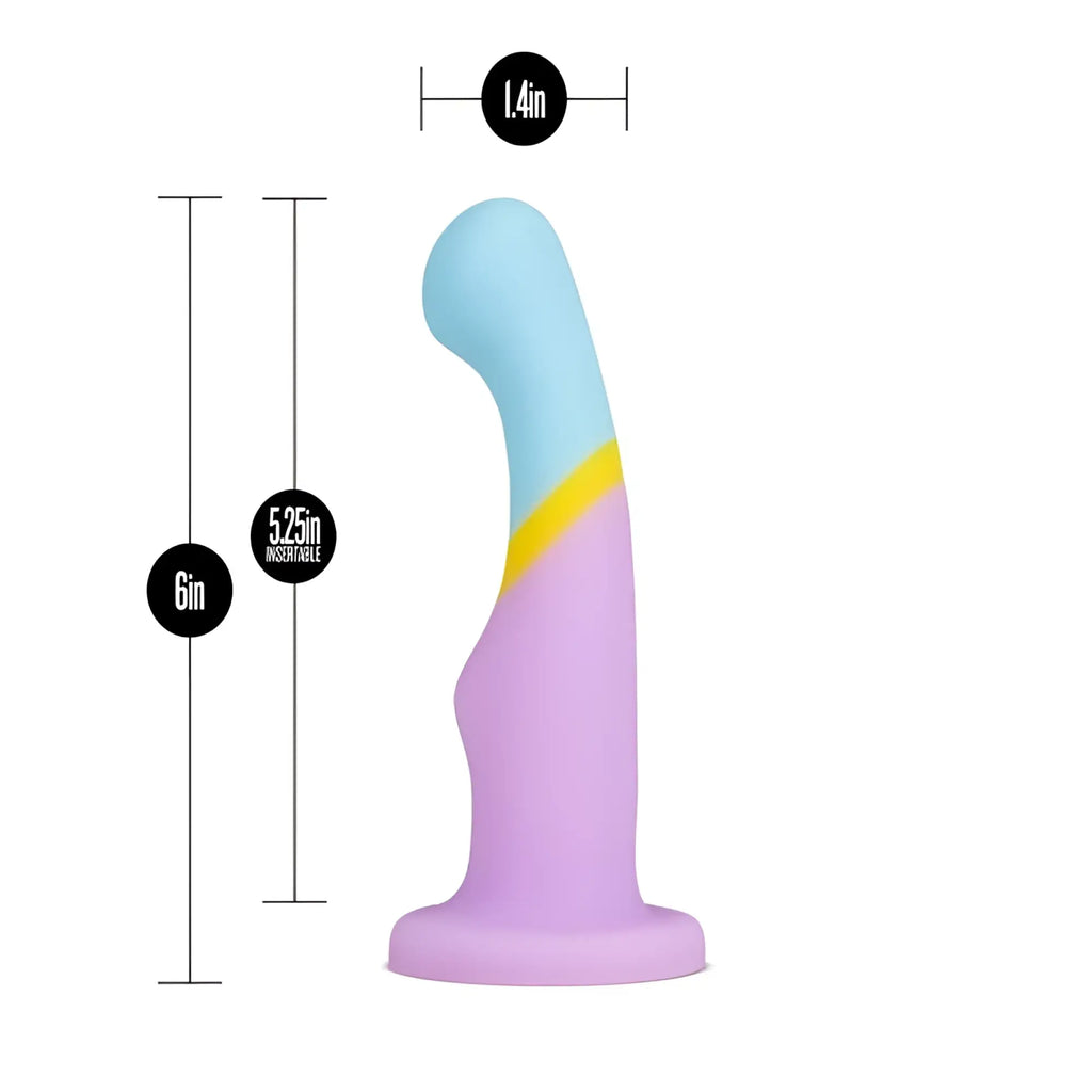 Pastel-colored avant avant d14 heart of gold silicone dildo with smooth curved design in light blue yellow and lavender sections