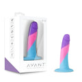 The Avant D15 Vision of Love silicone dildo features a vibrant purple pink and blue gradient design