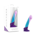 A sleek three-toned avant avant d16 purple haze silicone dildo with a gradient of purple blue and pink hues