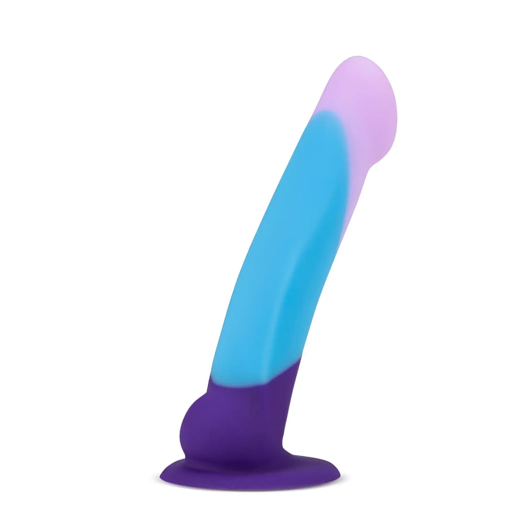 A sleek two-toned silicone dildo with a smooth blue and purple gradient finish by Avant Avant D16 Purple Haze