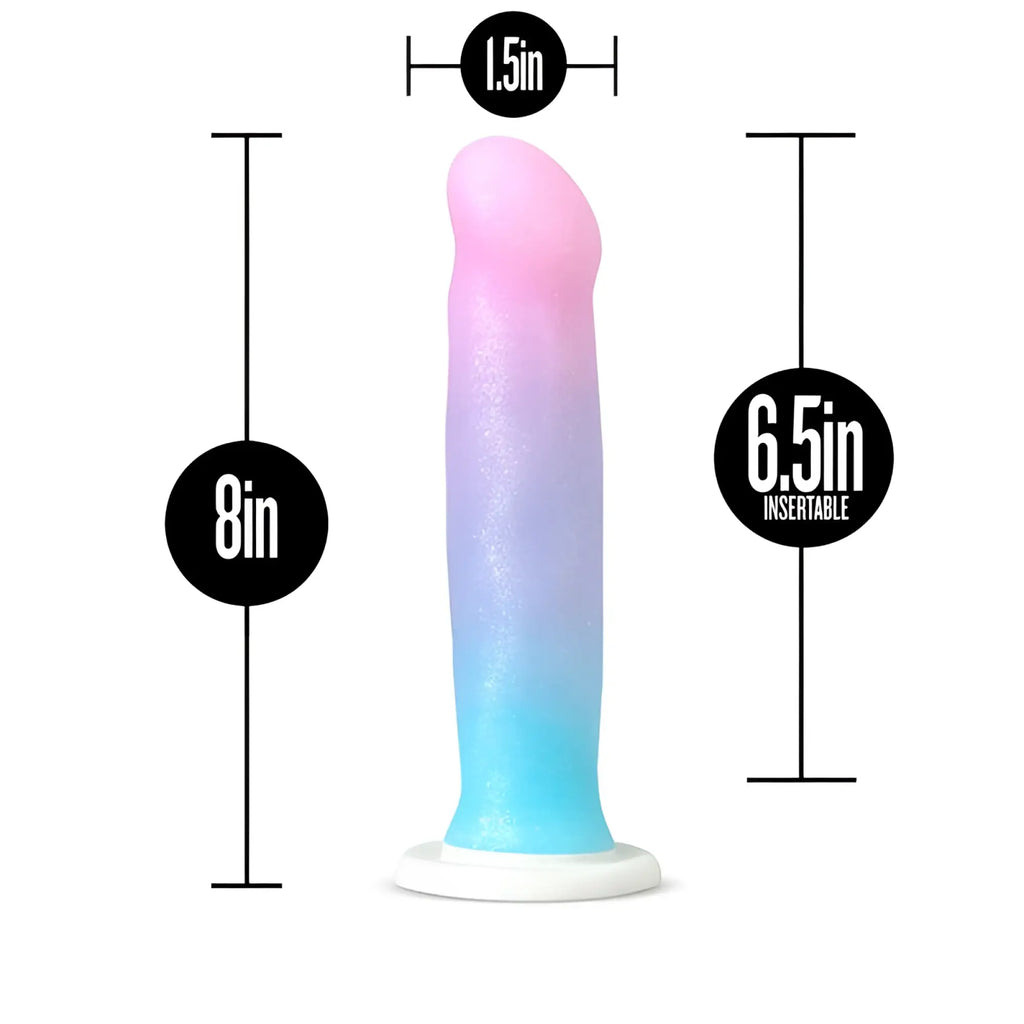 Avant Avant D17 Lucky silicone dildo with a gradient pink to blue ombre finish and white base