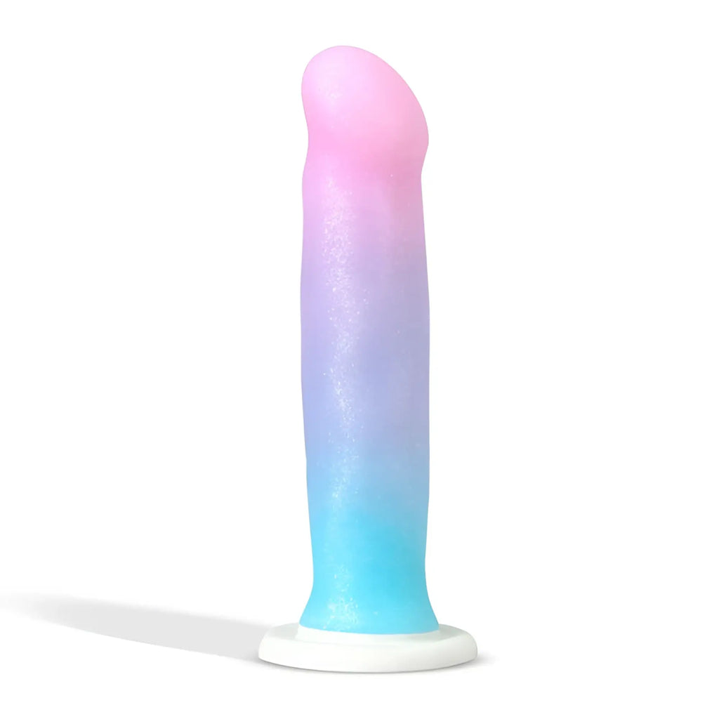 Avant Avant D17 Lucky silicone dildo with pink to blue ombre gradient and white base for versatile use