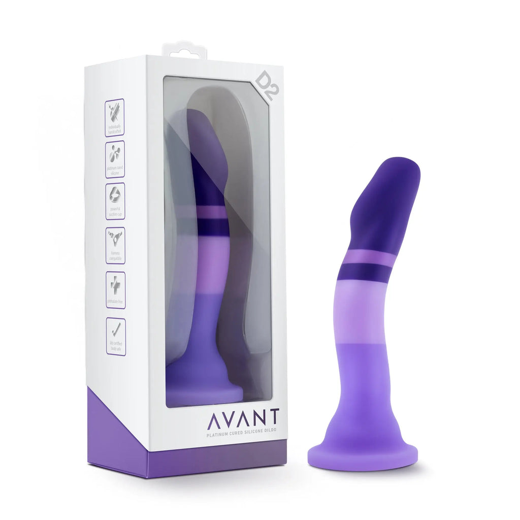 Purple gradient silicone dildo with flared base and two stripes branded avant in packaging for sensual use