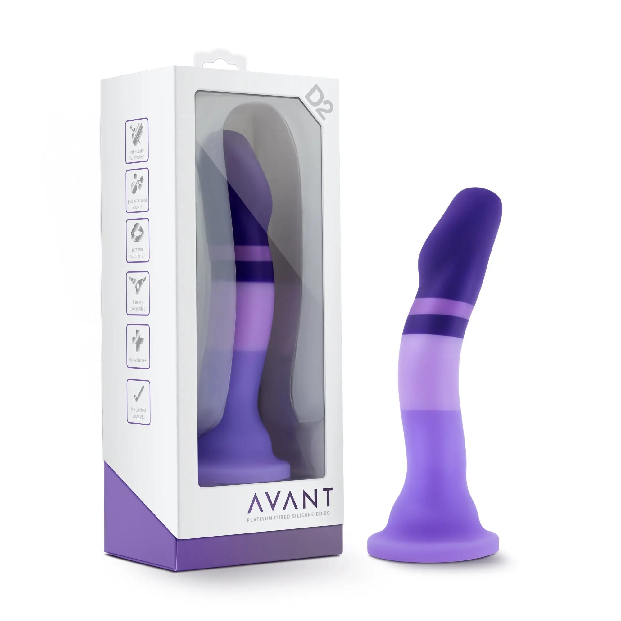 Purple gradient silicone dildo with flared base and two stripes branded avant in packaging for sensual use