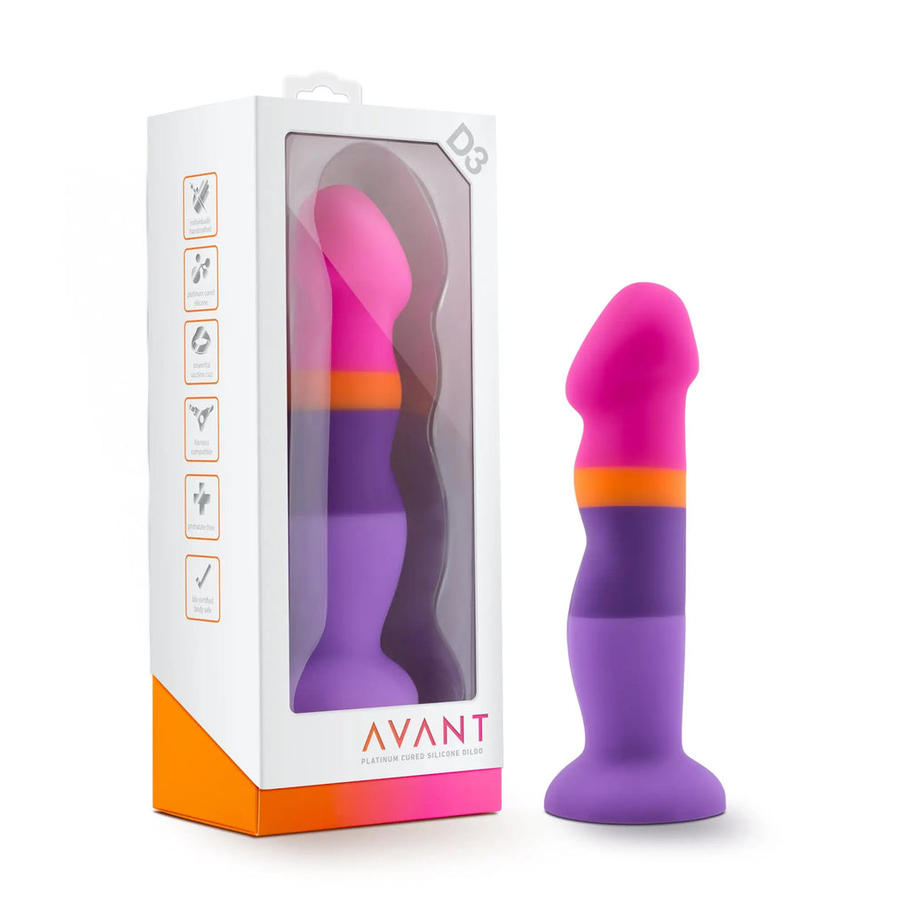 A vibrant pink and purple avant d3 summer fling silicone dildo with a smooth curved design