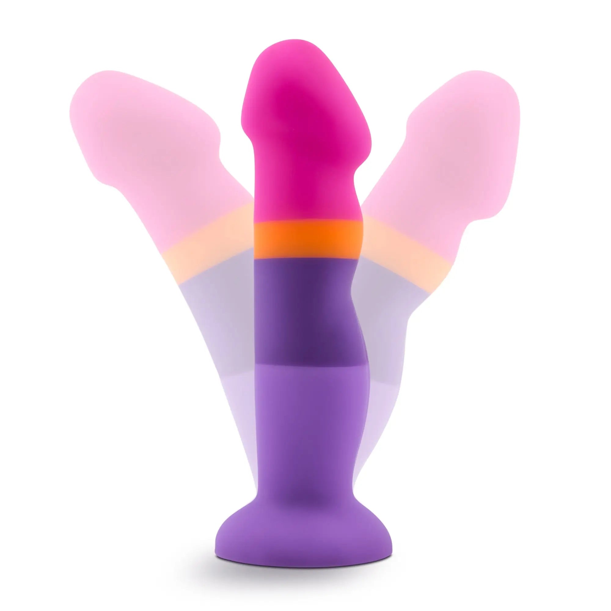 Avant avant d3 summer fling silicone dildo in vibrant pink and purple with orange accent band for versatile use