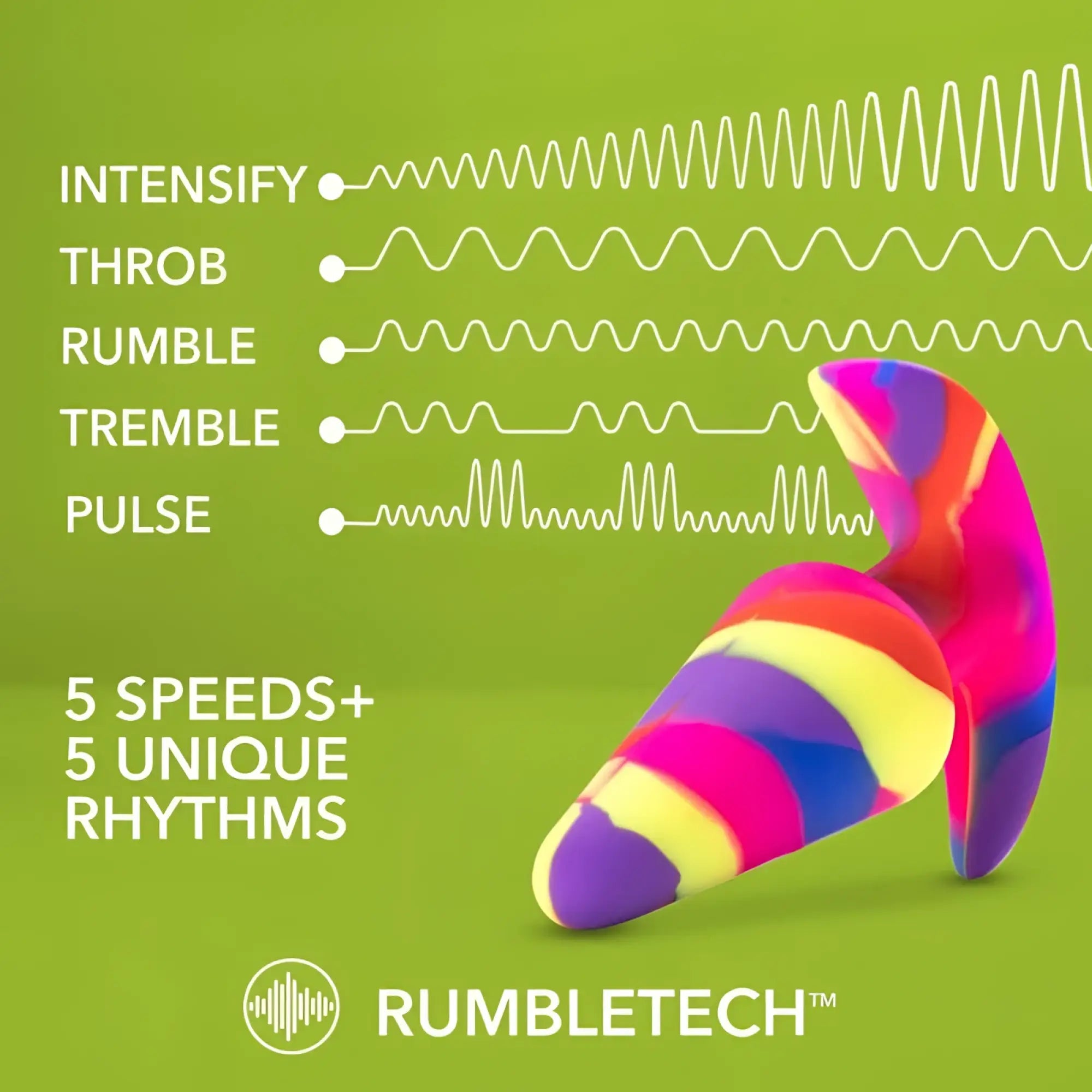 Vibrant rainbow-striped avant free spirit scarlet silicone rumbletech vibrating butt plug with five speed and rhythm settings