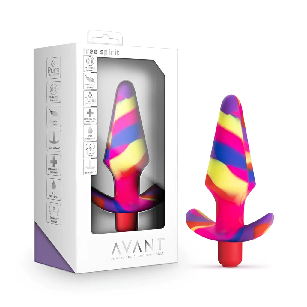 Vibrant rainbow-striped silicon anal plug with red base and flared stem branded free spirit by Avant