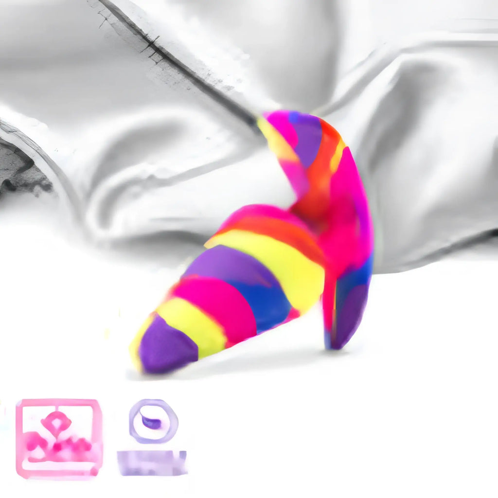 A vibrant rainbow-striped avant avant free spirit scarlet silicone butt plug with smooth glossy finish and tapered design