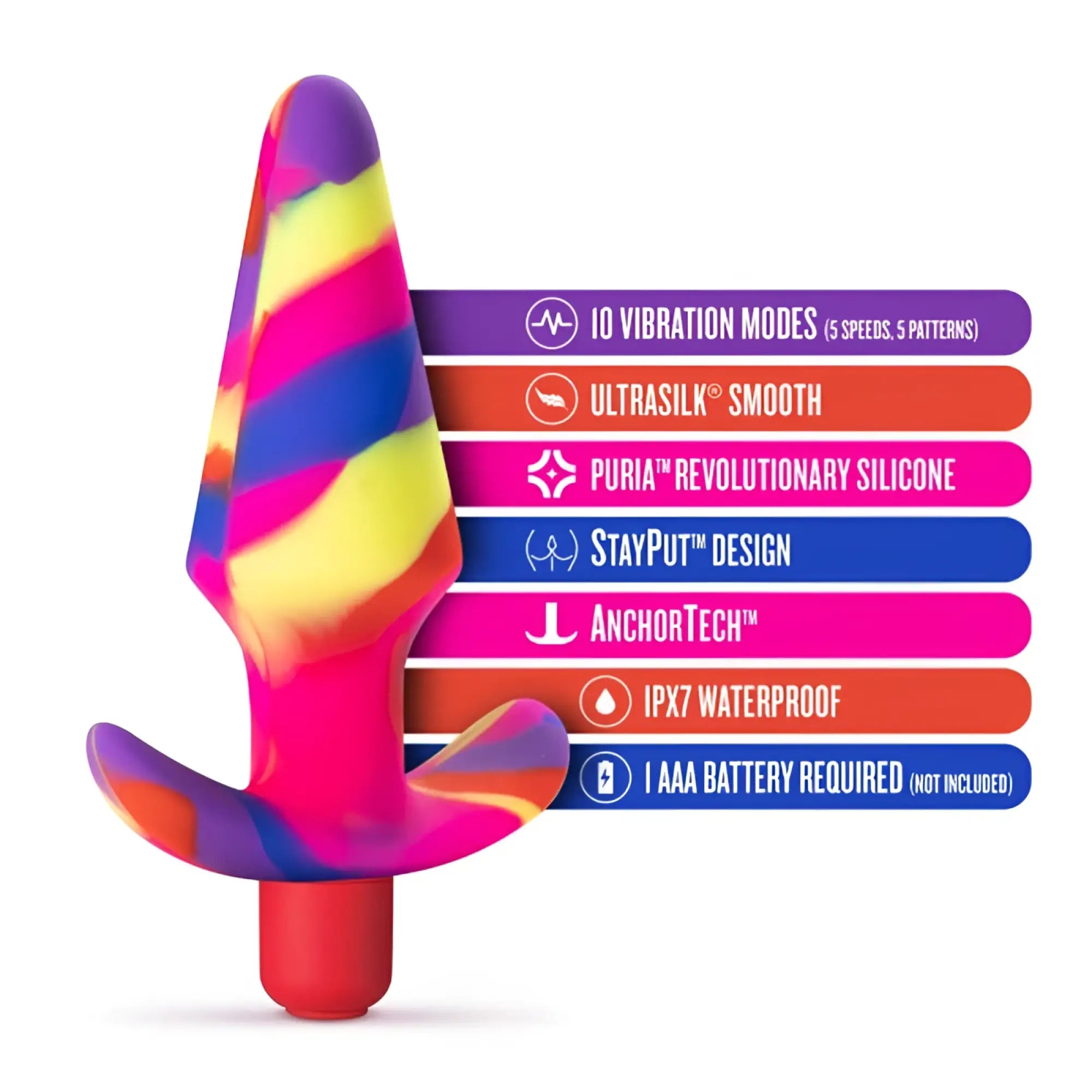 Avant Avant Free Spirit Scarlet silicone butt plug in vibrant rainbow stripes with a red base and ergonomic design